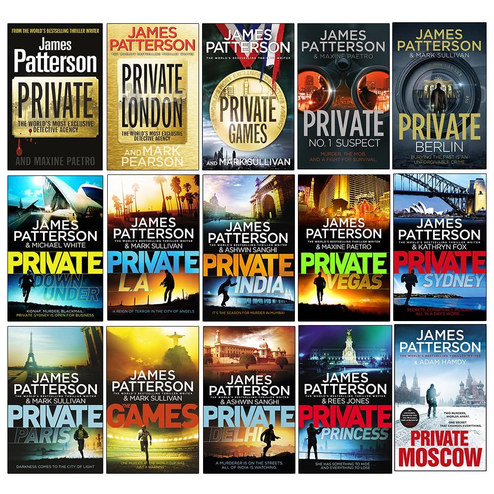 Front cover collage of the Private series by James Patterson Books 1-15 paperback collection set, showing all 15 novel covers
