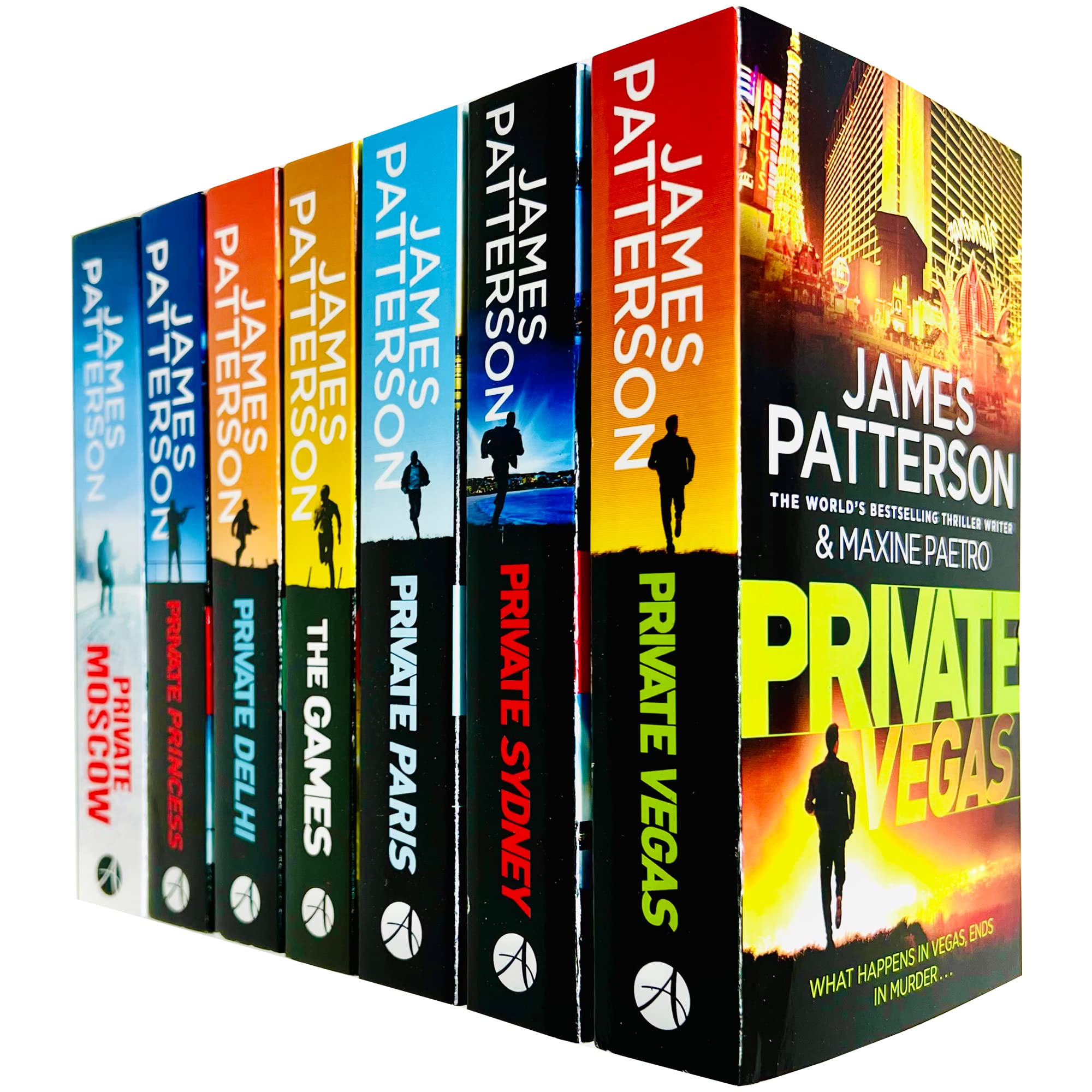 Back cover and spines of the Private series 7-book paperback collection by James Patterson, showing The Games, Private Delhi, Private Princess, and Private Moscow