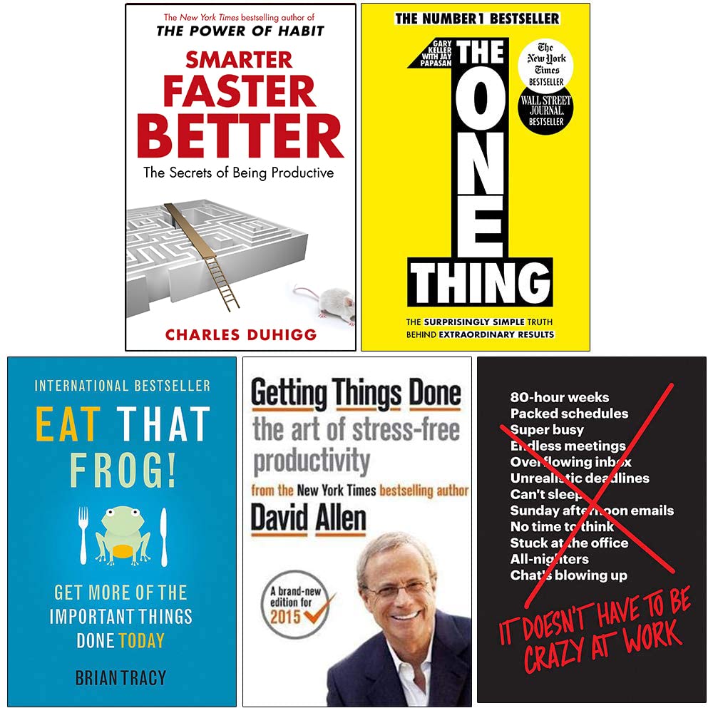 Front covers of the Productivity 5 Books Collection Set paperback showing Smarter Faster Better, The One Thing, Eat That Frog, Getting Things Done, and It Doesn't Have to Be Crazy at Work.