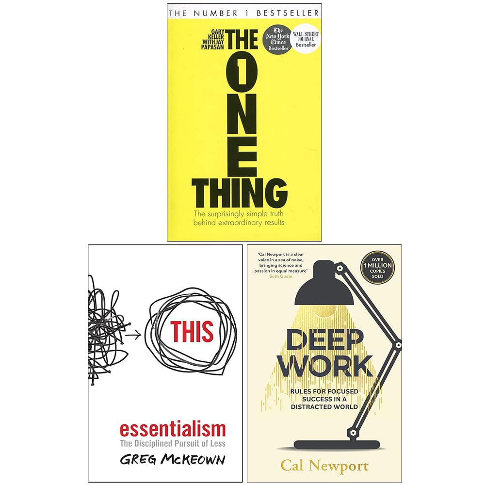 Front covers of the Productivity Essentials 3-book paperback set: The One Thing, Essentialism, and Deep Work