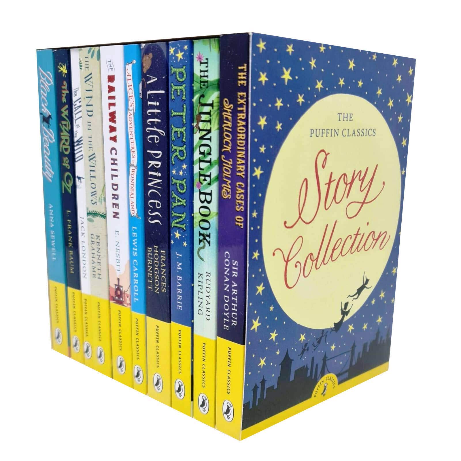 Puffin Classics Story Collection 10 books paperback set front covers including Sherlock Holmes, Peter Pan, and Alice's Adventures in Wonderland