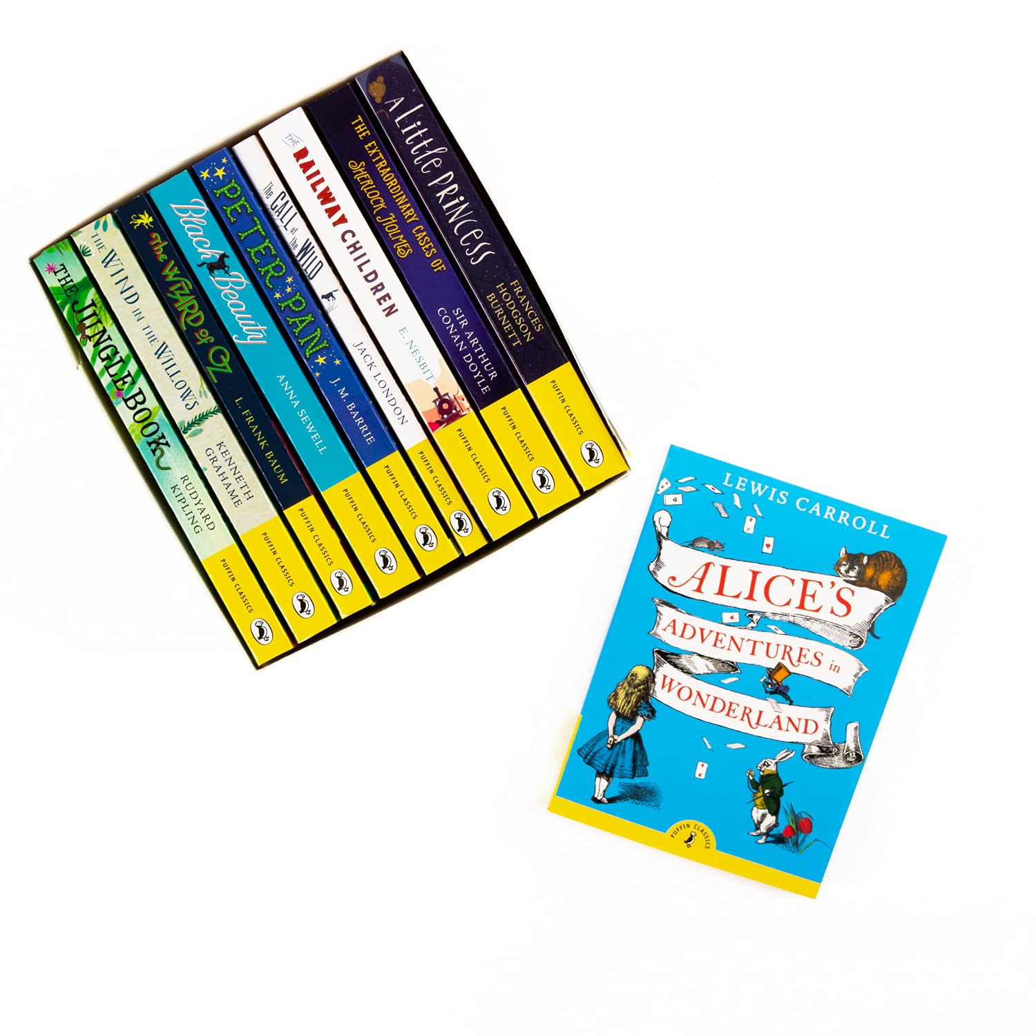 Back cover and spines of the Puffin Classics Story Collection 10 book paperback set