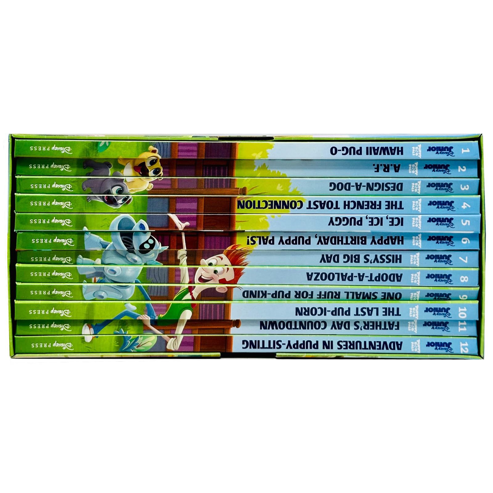Back cover of the Puppy Dog Pals Storybook Library 12-book hardcover set listing all included titles