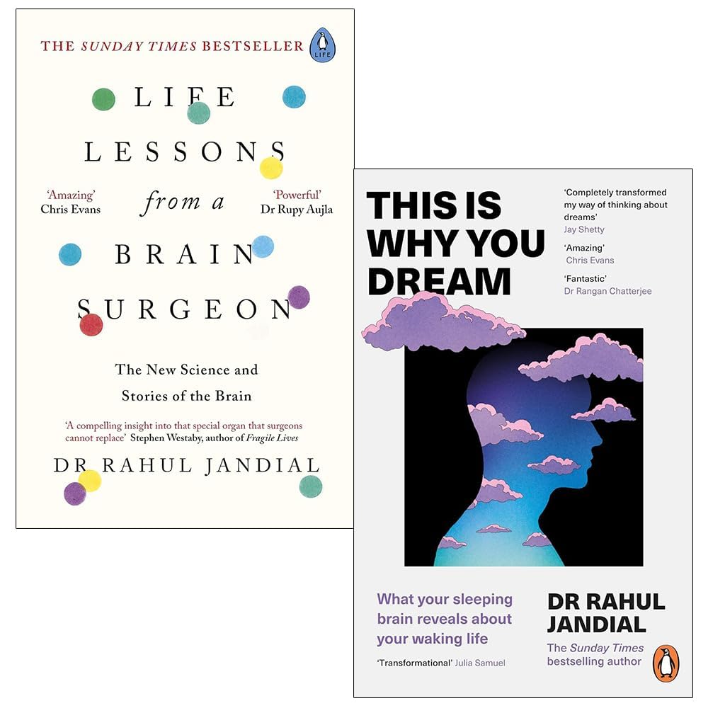 Front covers of Rahul Jandial 2-book paperback set: Life Lessons from a Brain Surgeon and This Is Why You Dream