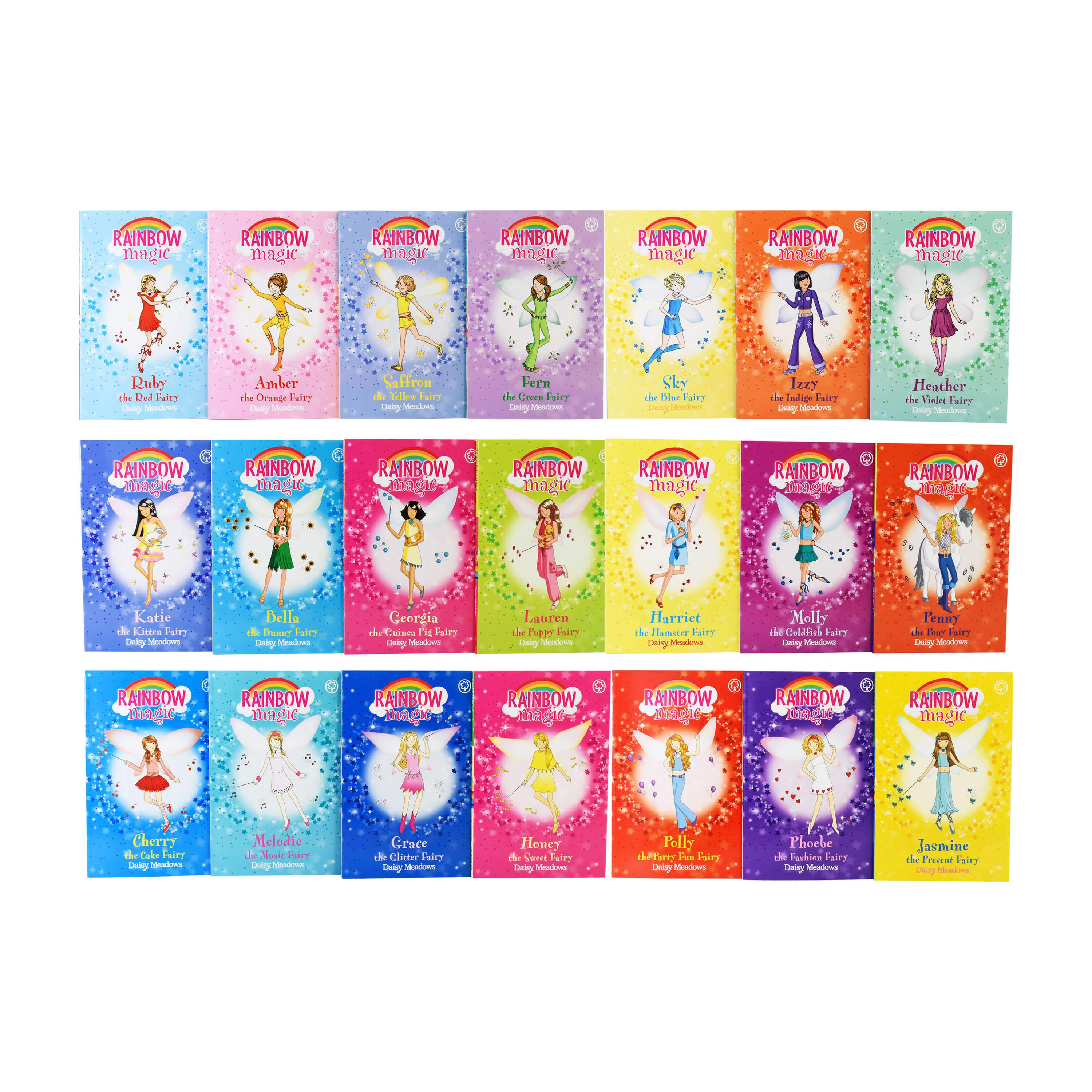 Front cover of a Rainbow Magic fairy paperback book featuring colorful fairy artwork, part of the Daisy Meadows collection.