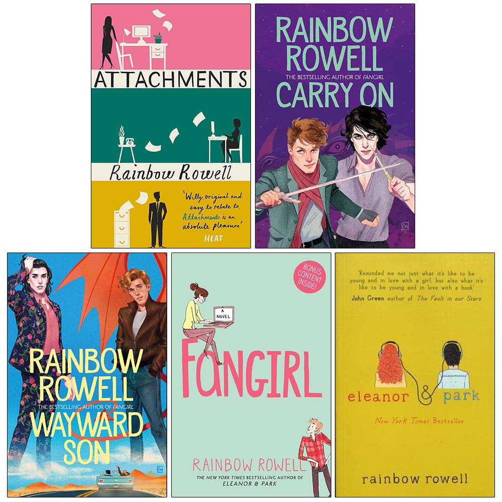 Front cover view of the Rainbow Rowell 5 Books Collection Set in paperback, featuring Attachments, Carry On, Wayward Son, Fangirl, and Eleanor & Park.