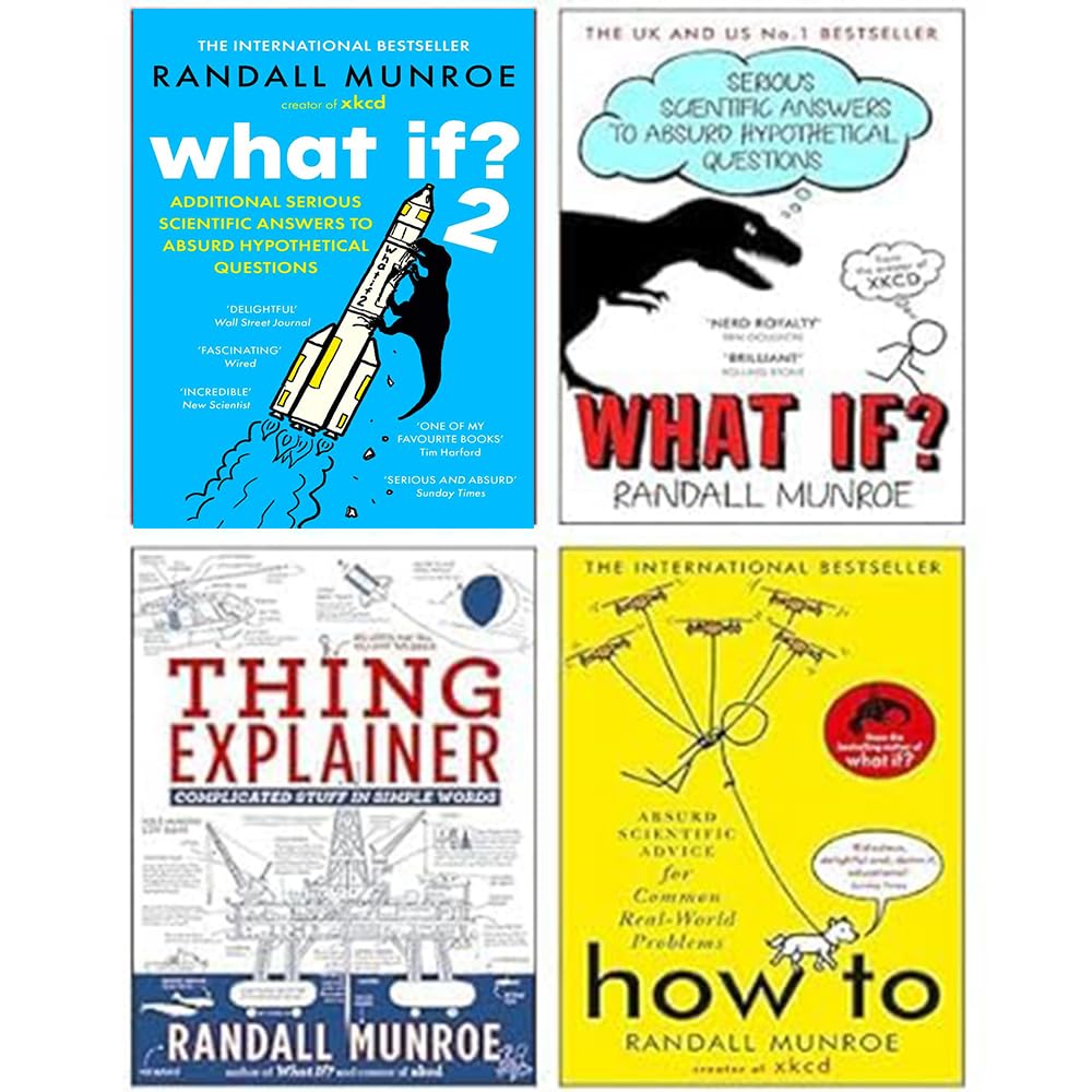 All four Randall Munroe paperback books fanned out showing spines and covers side by side