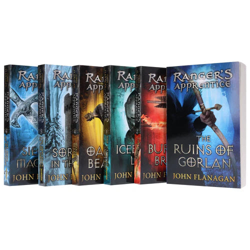Close-up thumbnail of colorful Ranger's Apprentice paperback covers by John Flanagan, highlighting the fantasy artwork of the Young Adult set.