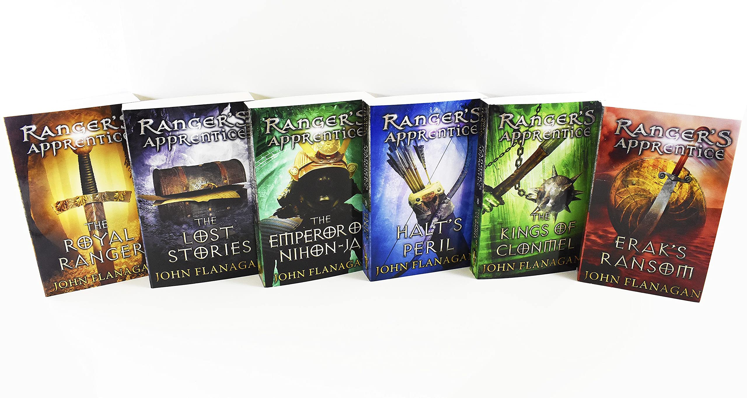 Ranger's Apprentice 6-book paperback set showing all titles from Erak's Ransom to The Royal Ranger fanned out