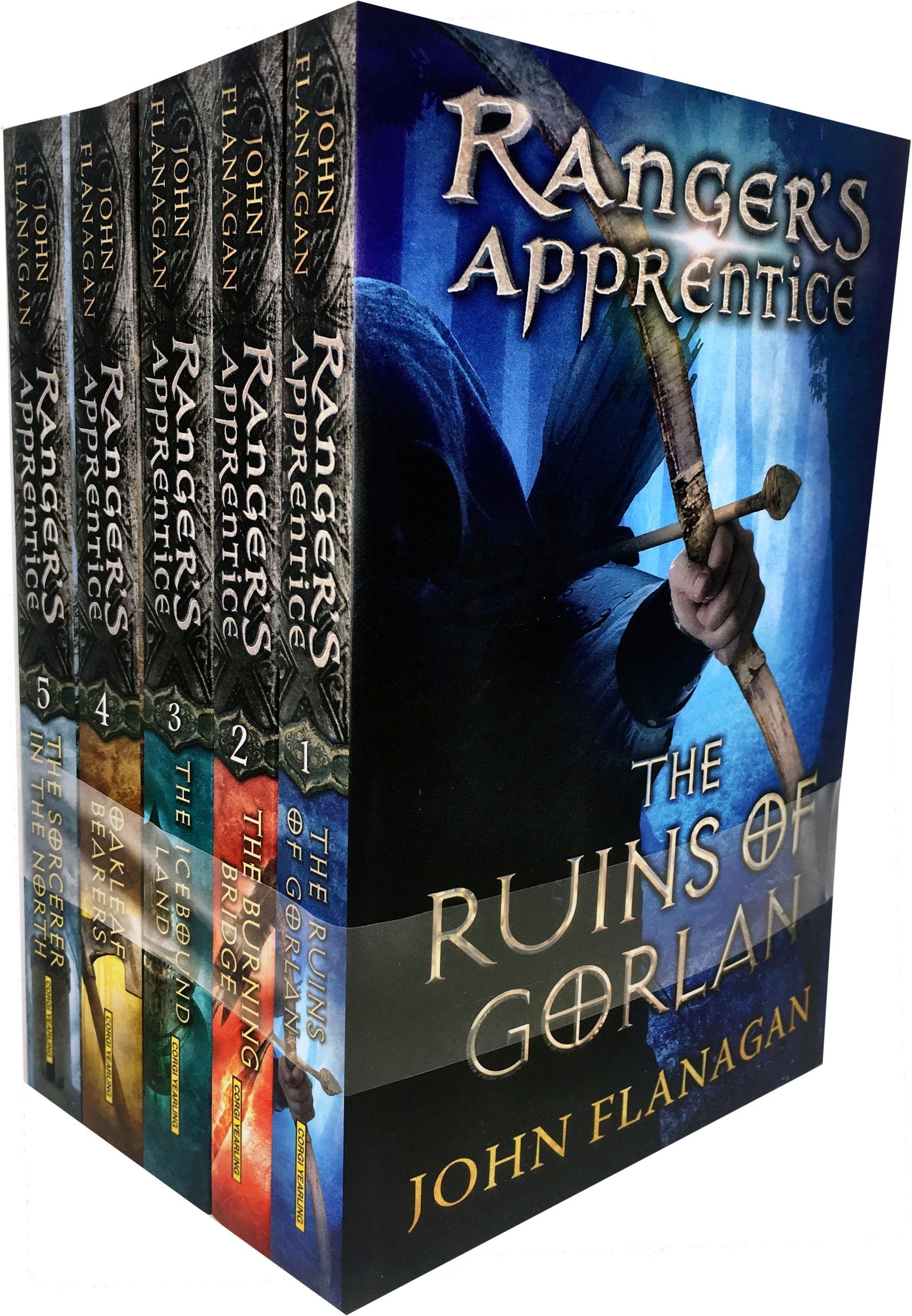 Ranger's Apprentice 5 Books Collection Set by John Flanagan paperback front cover, showing The Ruins of Gorlan, The Burning Bridge, The Icebound Land, Oakleaf Bearers, and The Sorcerer in the North