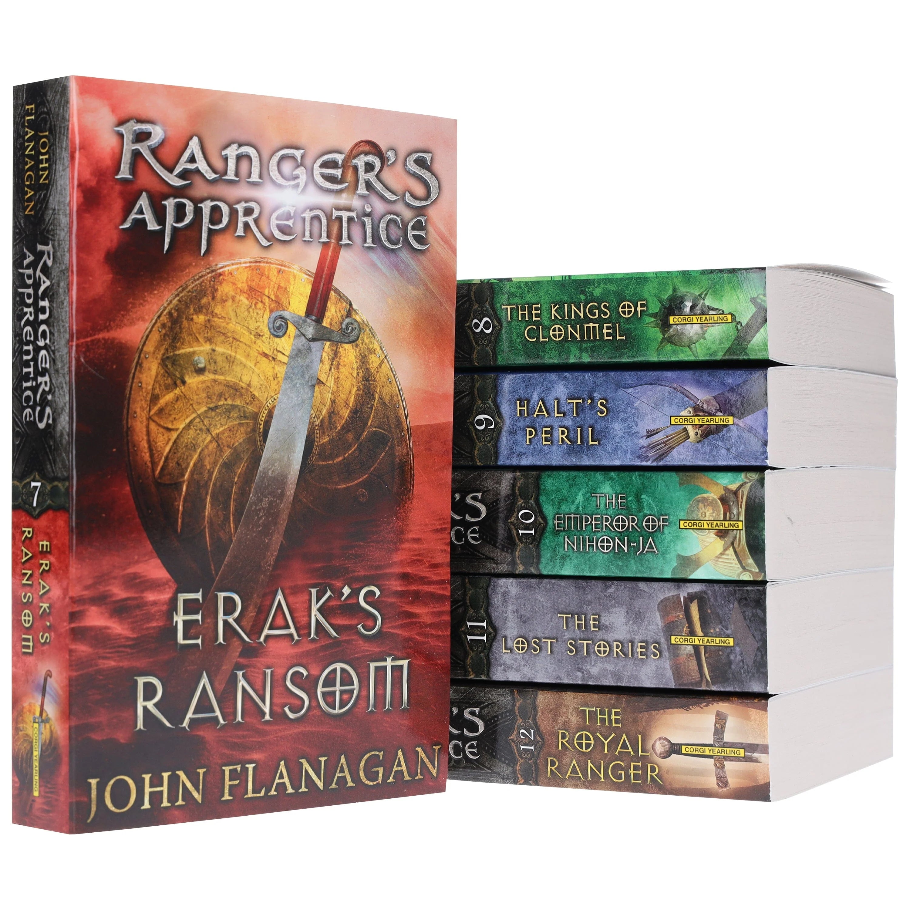 All six paperback covers of Ranger's Apprentice Series 2 by John Flanagan fanned out, Books 7 through 12