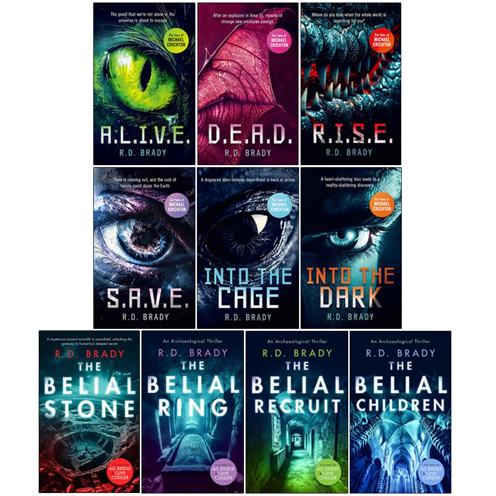Close-up of paperback covers from R.D. Brady's Belial Series, including The Belial Stone and Ring
