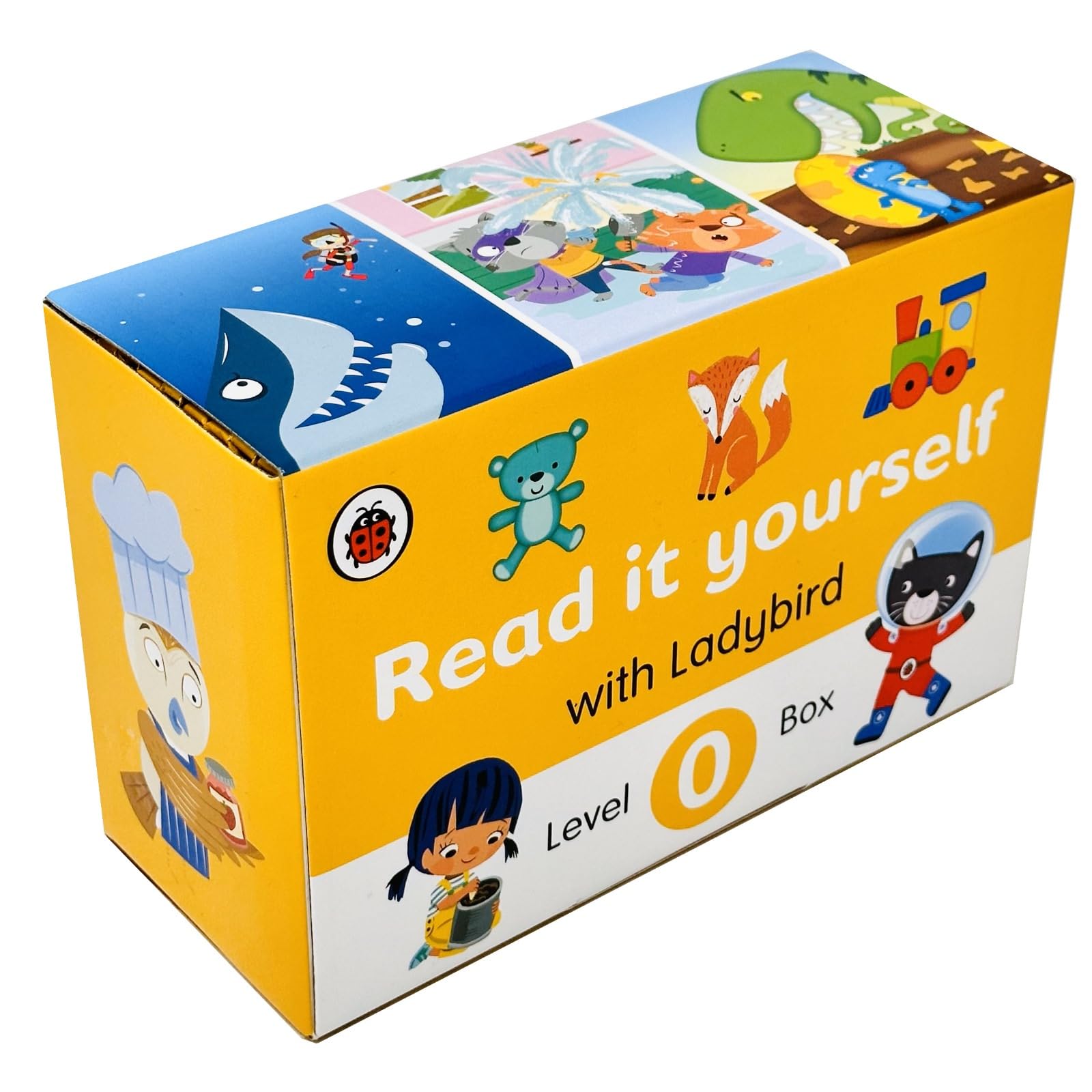 All ten Level 0 hardback storybooks fanned out beside the Ladybird Read It Yourself tuck-box case