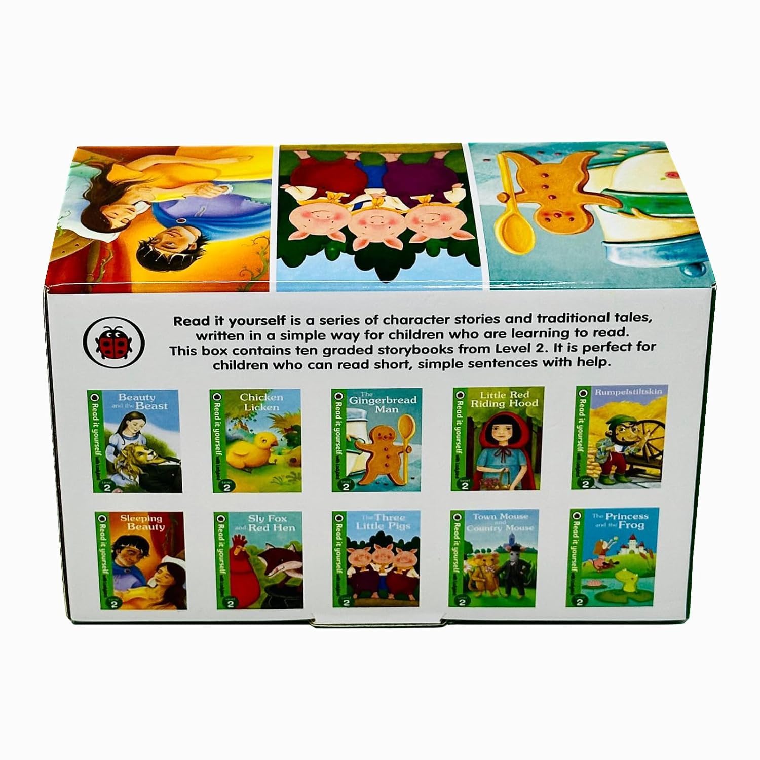 Ladybird Read It Yourself Level 2, 10 Books Collection Box Set, Ages 5-7, Paperback — full set of 10 paperback books fanned out in front of the tuck box case.