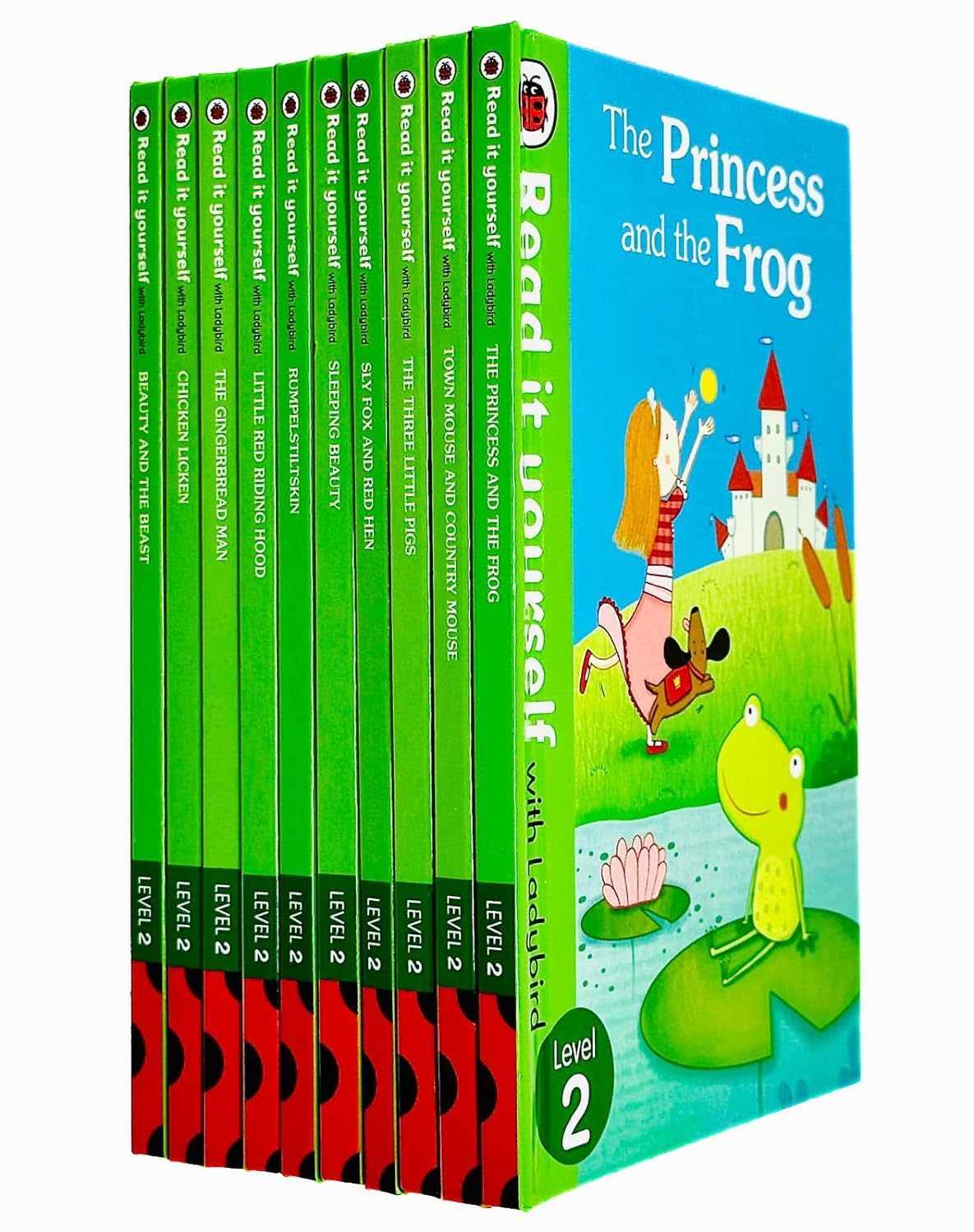 Ladybird Read It Yourself Level 2, 10 Books Collection Box Set, Ages 5-7, Paperback — back cover of the tuck box listing all 10 titles included in the set.