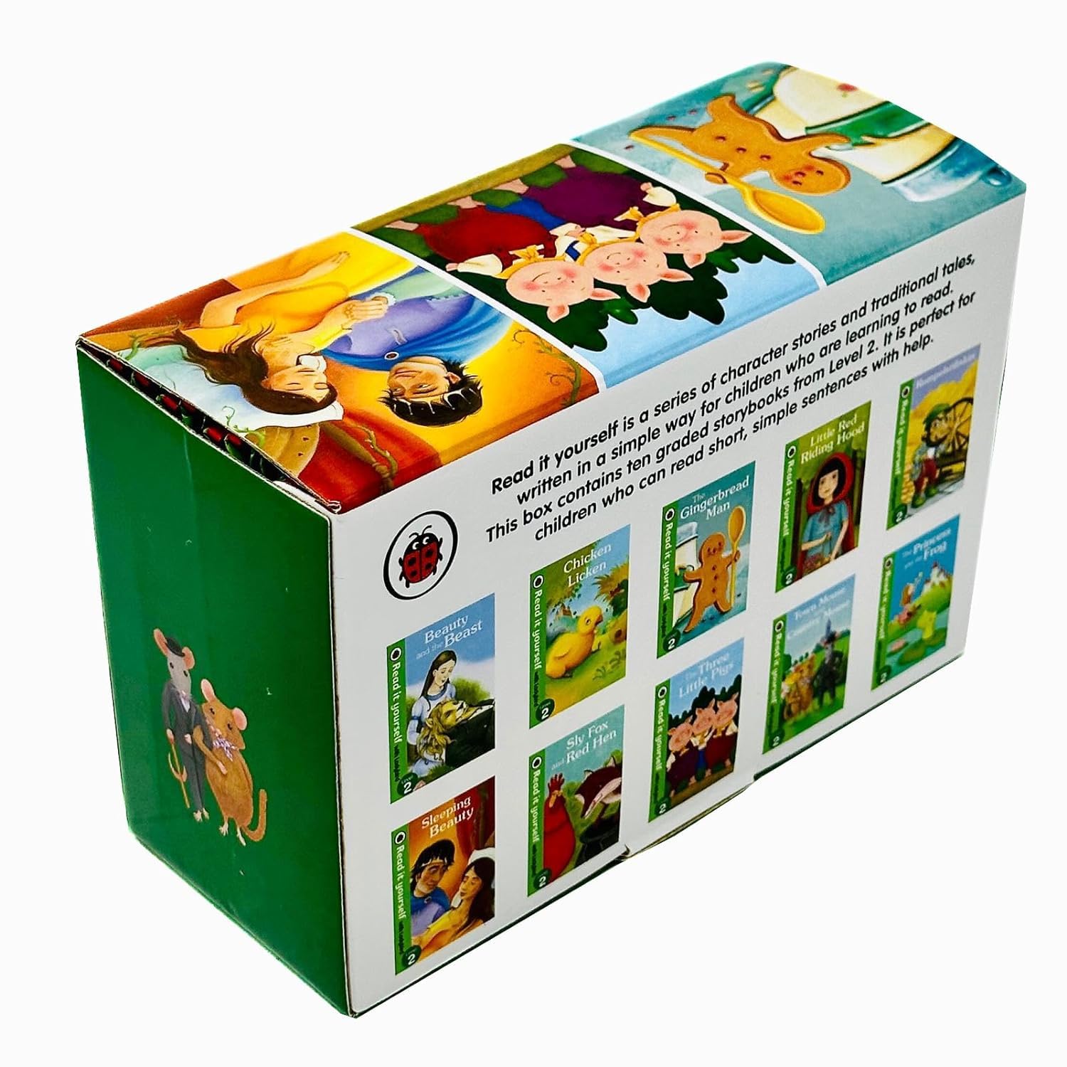 Ladybird Read It Yourself Level 2, 10 Books Collection Box Set, Ages 5-7, Paperback — side angle of the tuck box case showing its sturdy carry handle and spine design.
