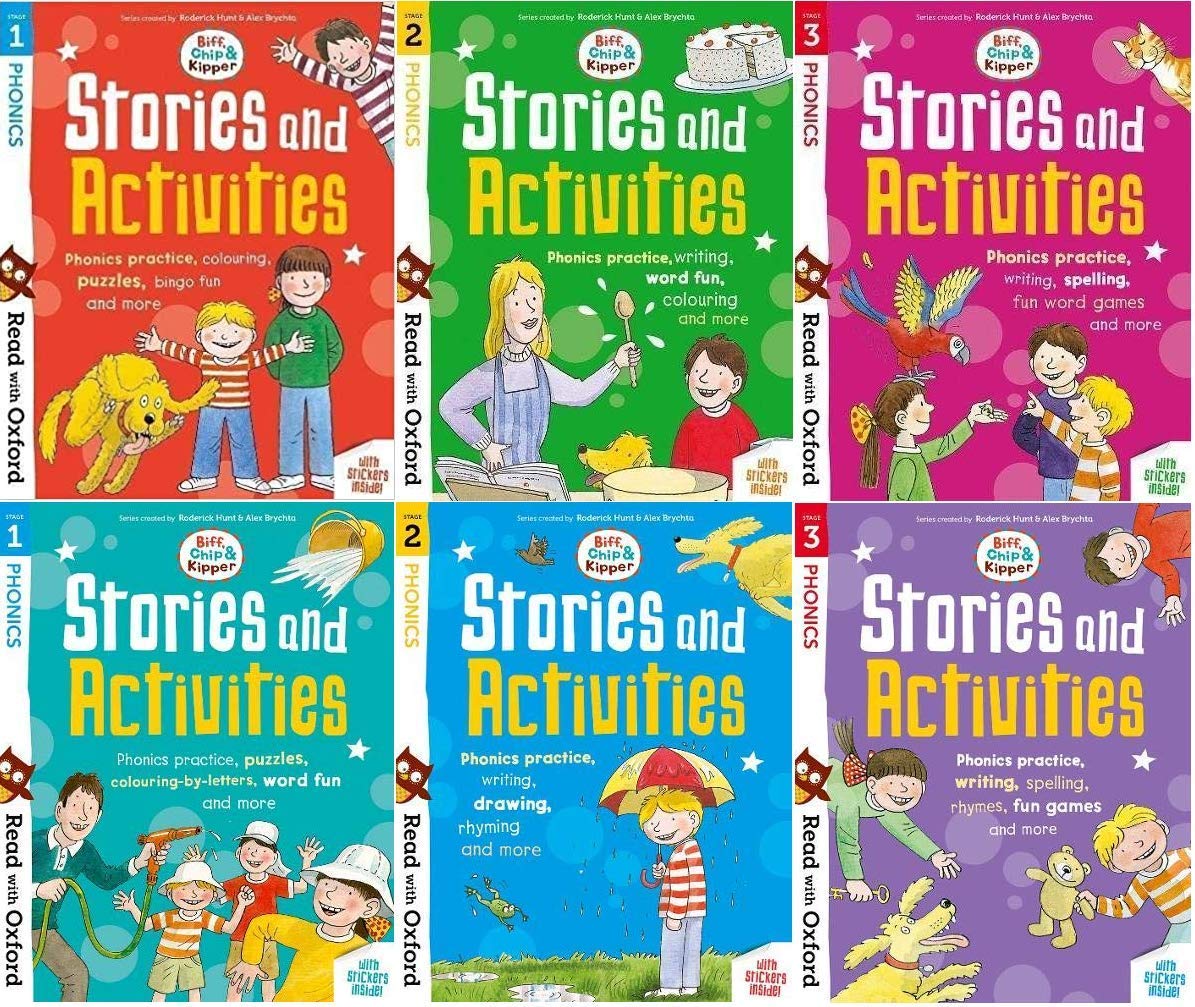 All six Biff, Chip and Kipper phonics paperbacks fanned out showing Stage 1, Stage 2 and Stage 3 covers