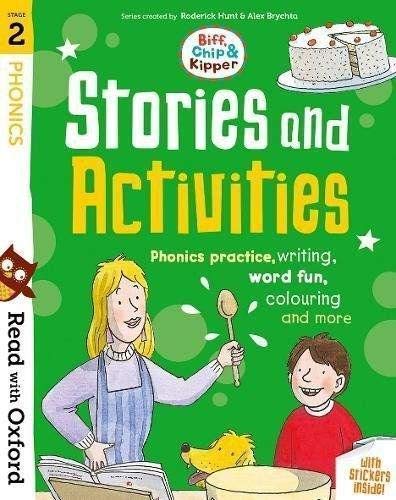 Inside activity page of a Biff, Chip and Kipper phonics book featuring puzzles and stickers