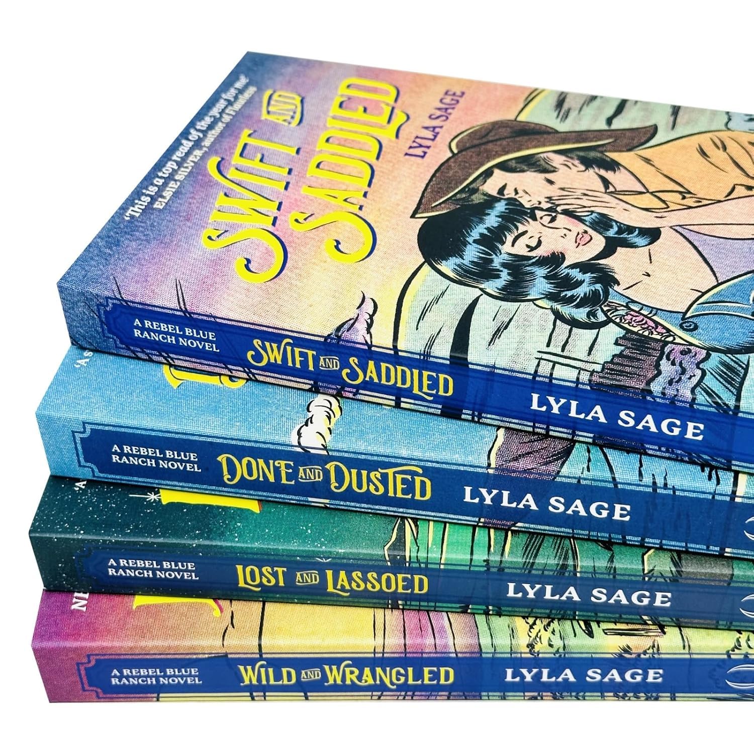 Close-up of the Rebel Blue Ranch 4-book paperback set stacked on a wooden surface, front covers visible.