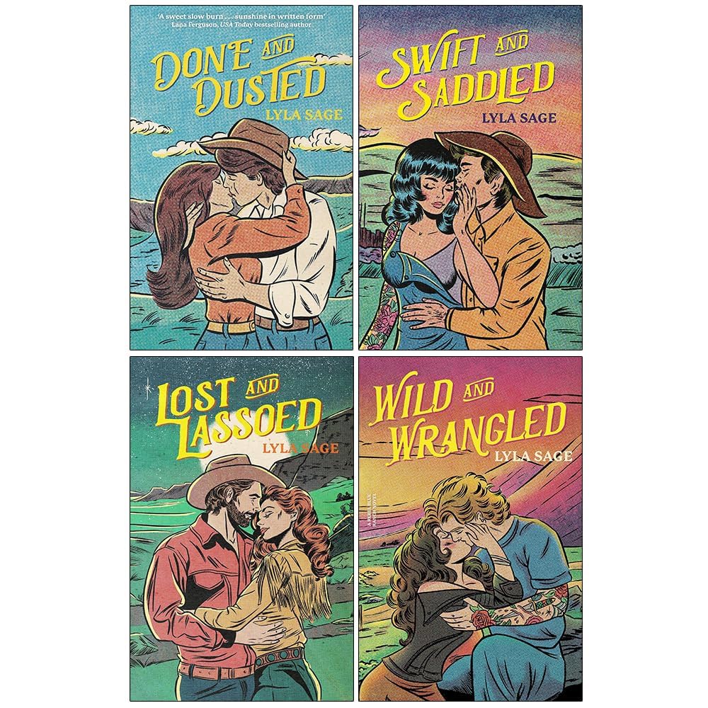 Four Rebel Blue Ranch paperback novels by Lyla Sage stacked on a wooden table with a rustic Western backdrop.
