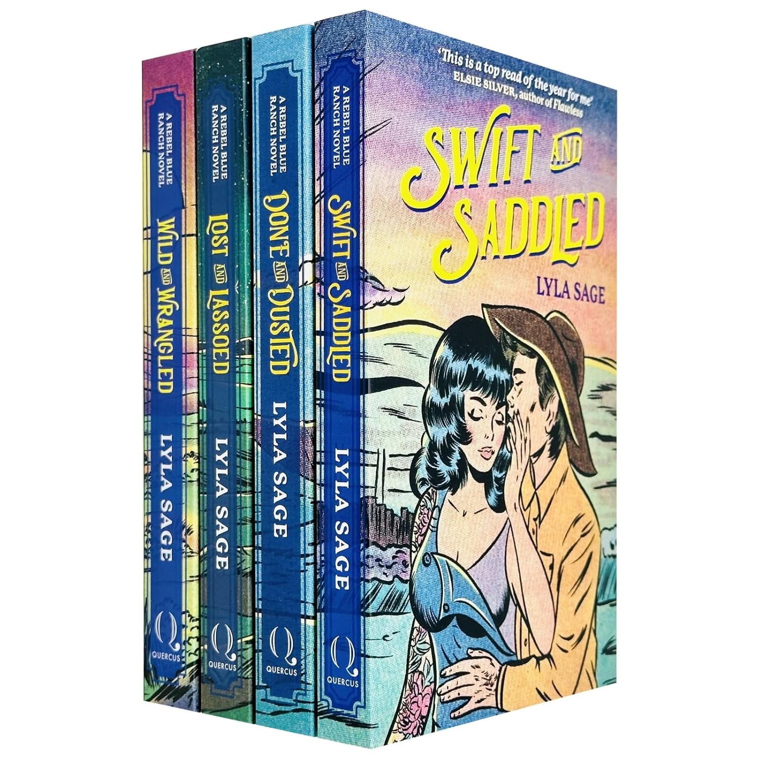 Rebel Blue Ranch Series by Lyla Sage, all four paperback books stacked together on a wooden surface.