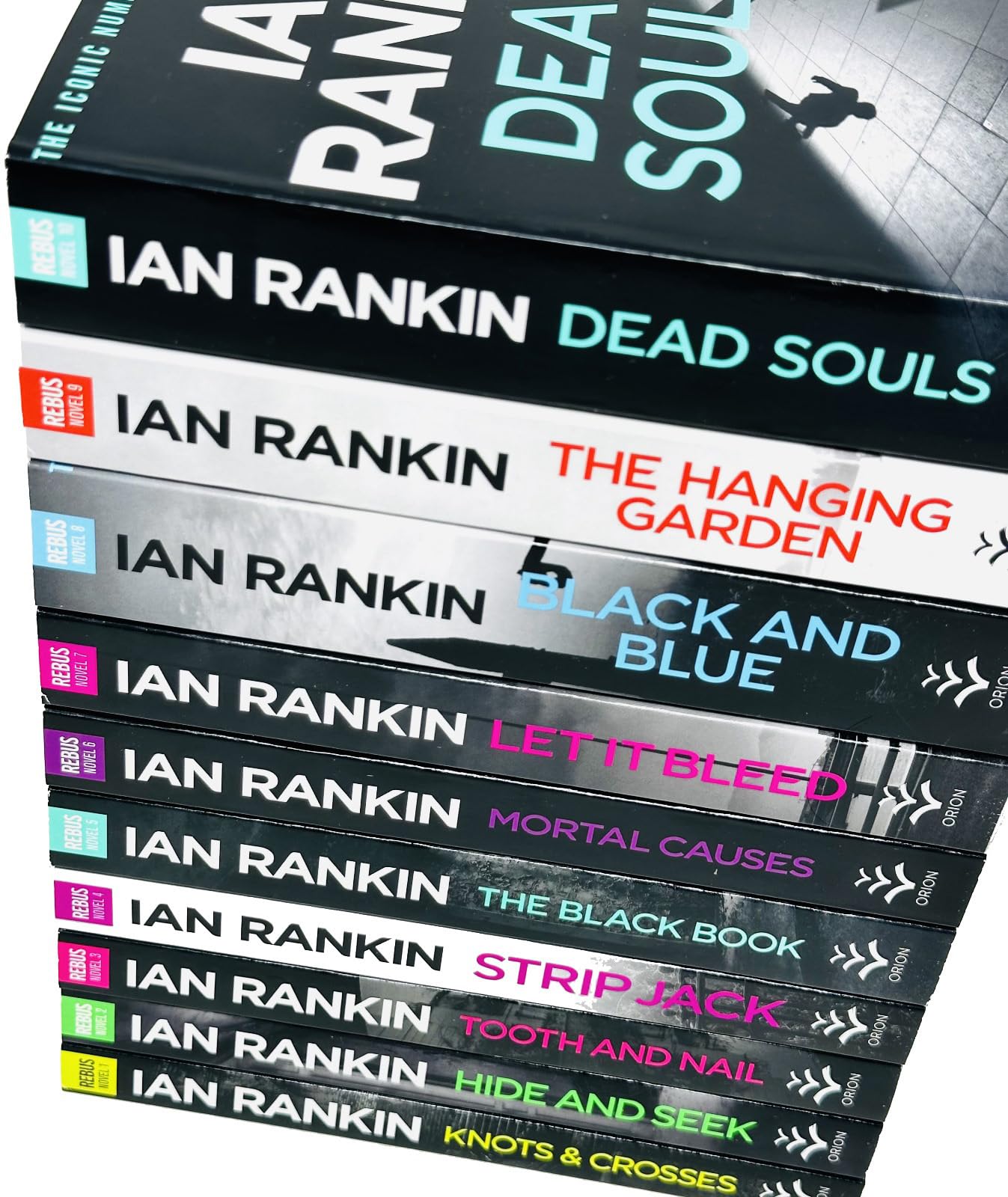 All 10 paperback books in the Ian Rankin Rebus series fanned out showing spines and covers