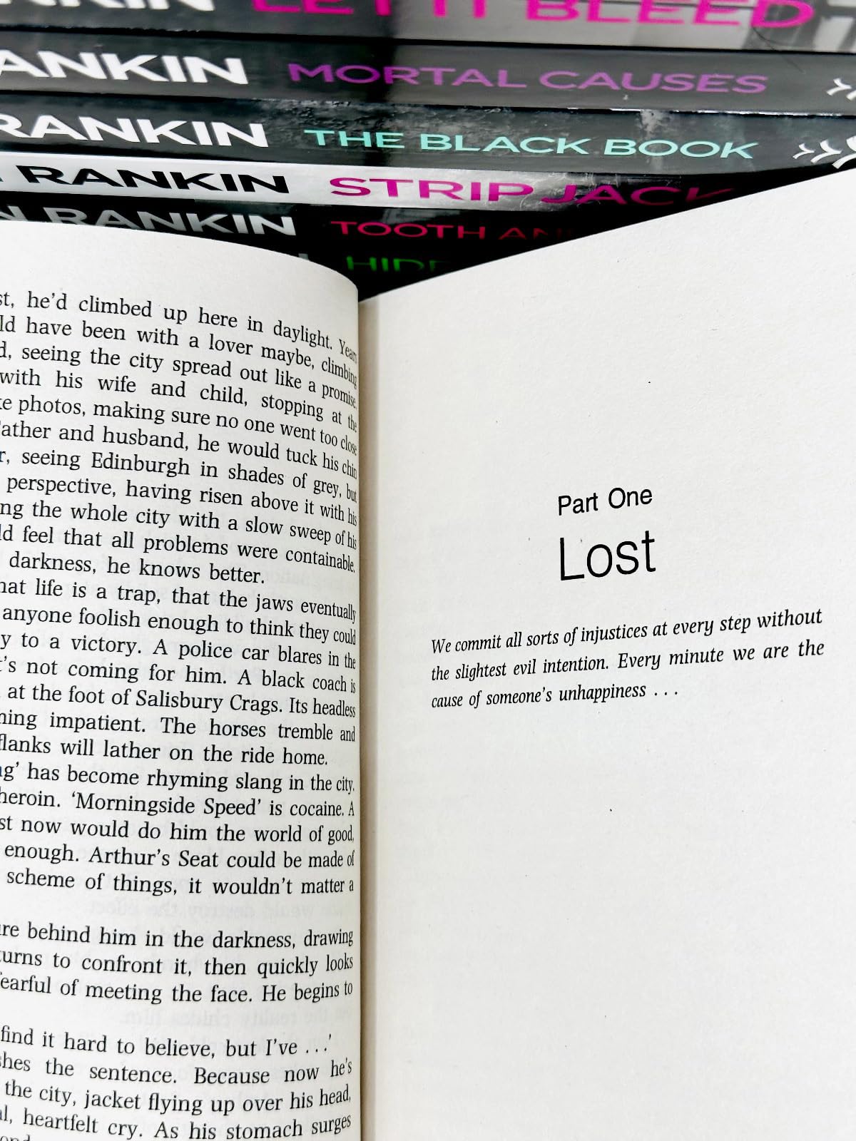 Close-up of Knots And Crosses and Hide And Seek paperback covers from the Rebus series set