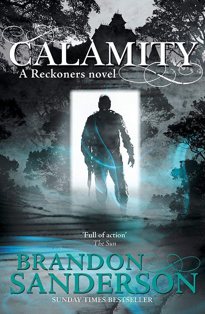 Close-up of the Reckoners paperback set spines showing Steelheart, Firefight, and Calamity titles
