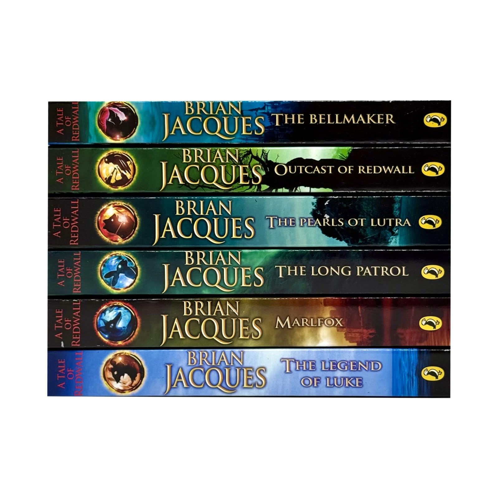 All six Redwall paperback books by Brian Jacques fanned out, showing The Bellmaker, Outcast of Redwall, The Pearls of Lutra, The Long Patrol, Marlfox, and The Legend of Luke