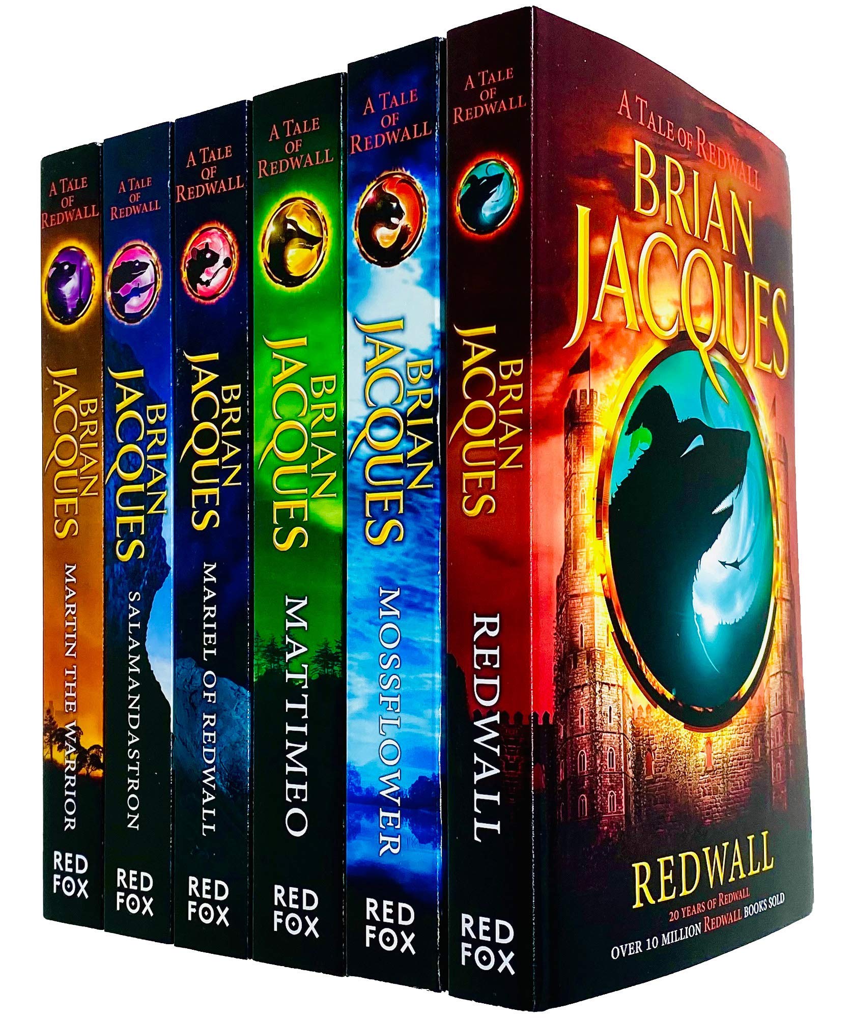 Redwall Series Books 1-6 Collection Set by Brian Jacques paperback books shown fanned out displaying all six spines and covers