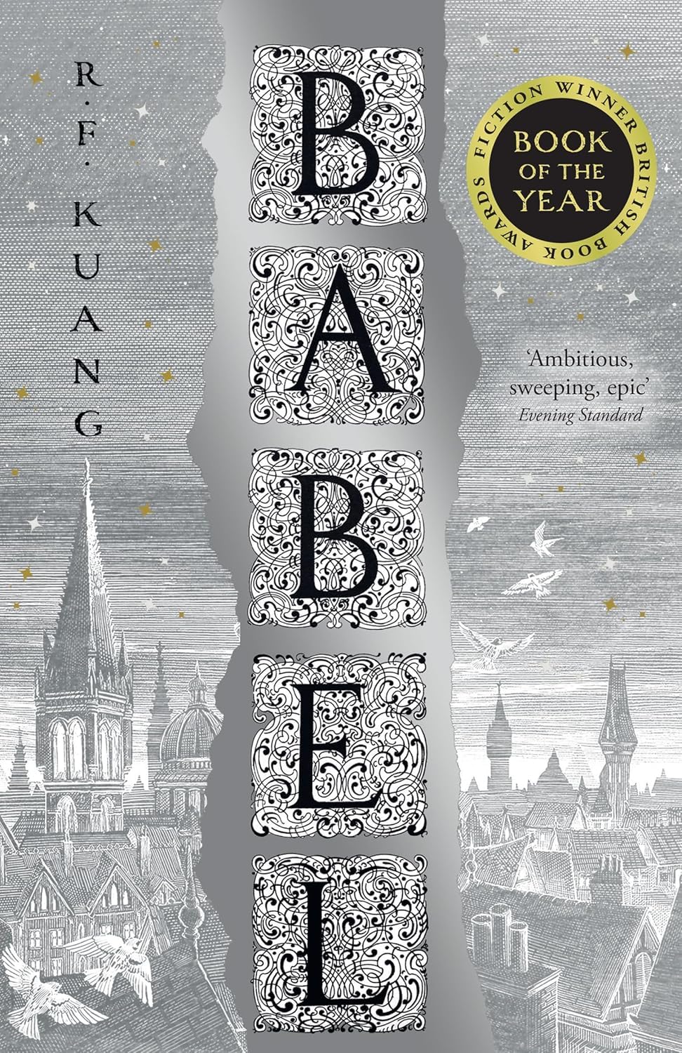 All three R.F. Kuang novels, Katabasis, Babel, and Yellowface, fanned out to show spines and cover designs side by side