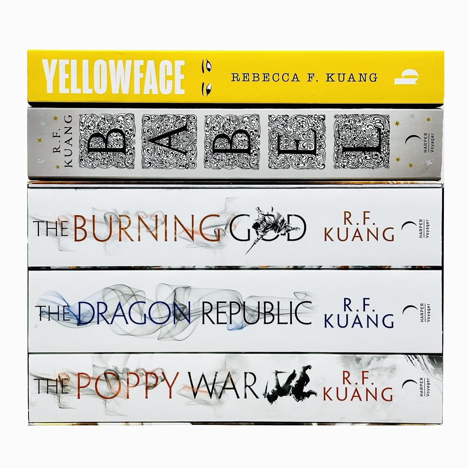 The Poppy War trilogy paperback covers by R.F. Kuang - The Poppy War, The Dragon Republic, The Burning God