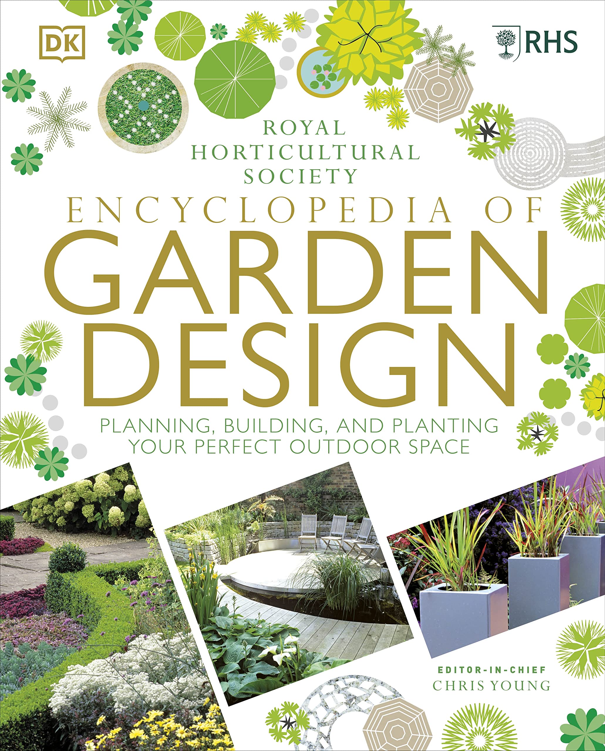 Front cover of RHS Encyclopedia of Garden Design by Chris Young, hardcover edition, showing a detailed garden layout illustration.