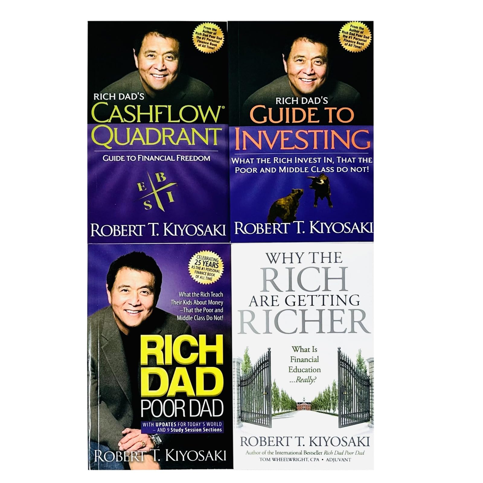 Close-up of the Rich Dad Poor Dad and Cashflow Quadrant paperback covers from the Kiyosaki 4-book set.