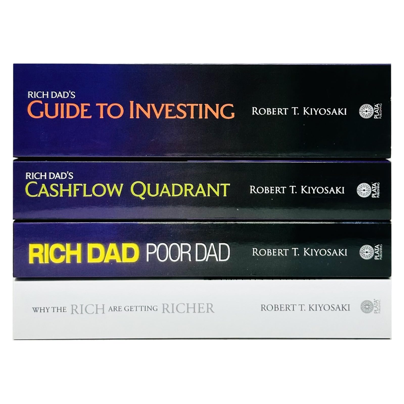 Stack of all four Rich Dad Series paperbacks by Robert T. Kiyosaki showing spine and cover details.