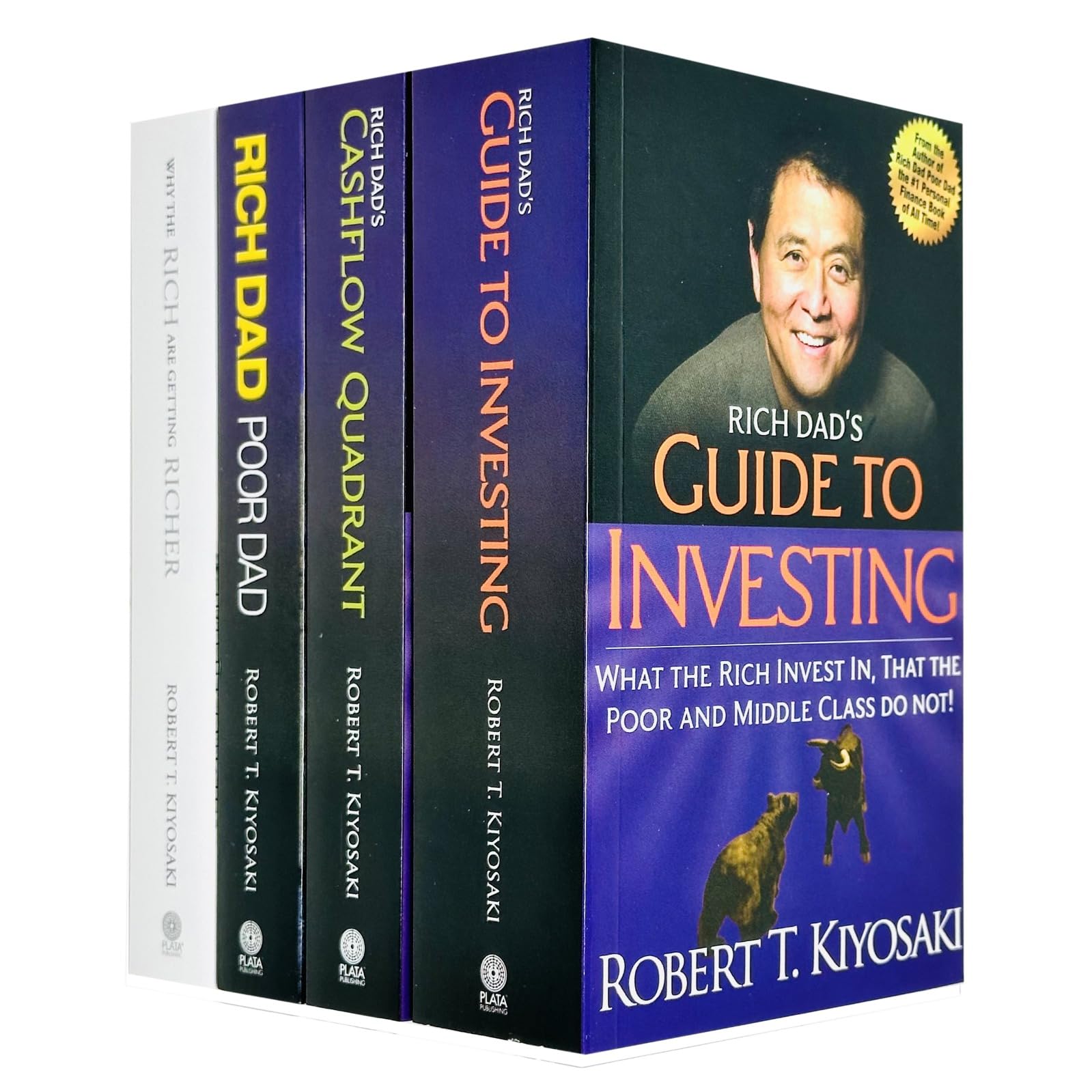 Front view of the Rich Dad Series 4-book paperback collection set by Robert T. Kiyosaki fanned out together.