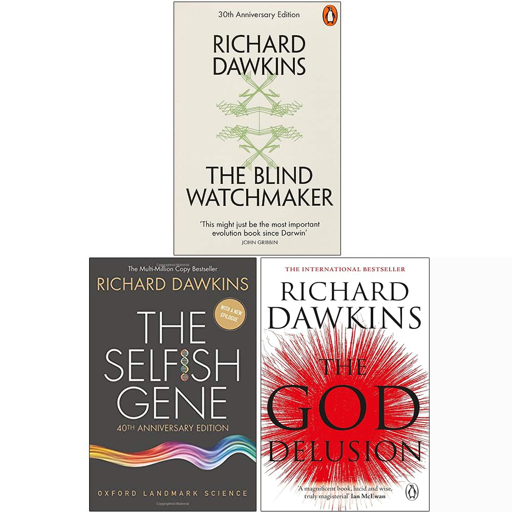 Front covers of the Richard Dawkins 3 Book Collection Set featuring The Selfish Gene, The Blind Watchmaker, and The God Delusion in paperback.