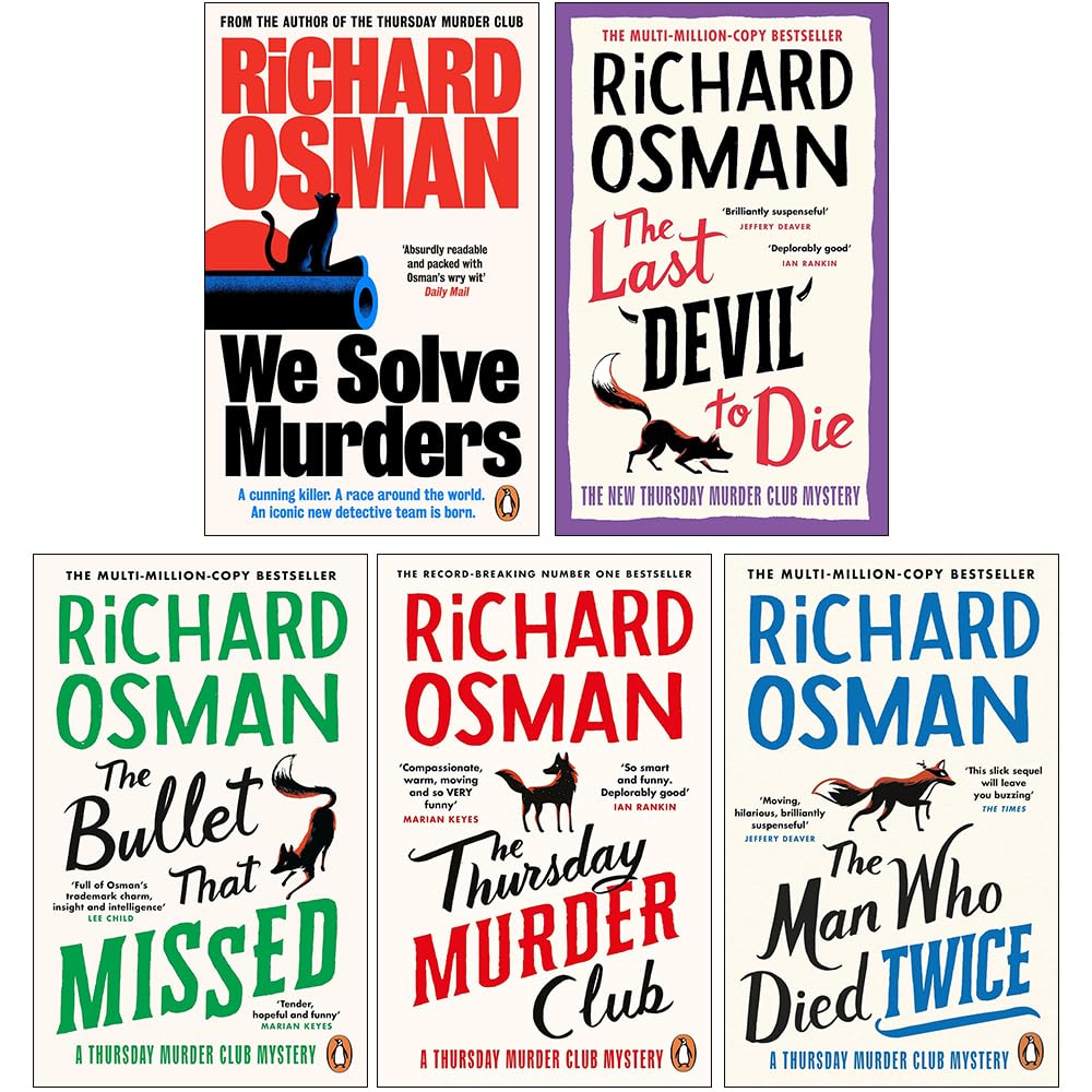 Front cover of the Richard Osman Collection 5-book paperback set featuring The Thursday Murder Club series and We Solve Murders