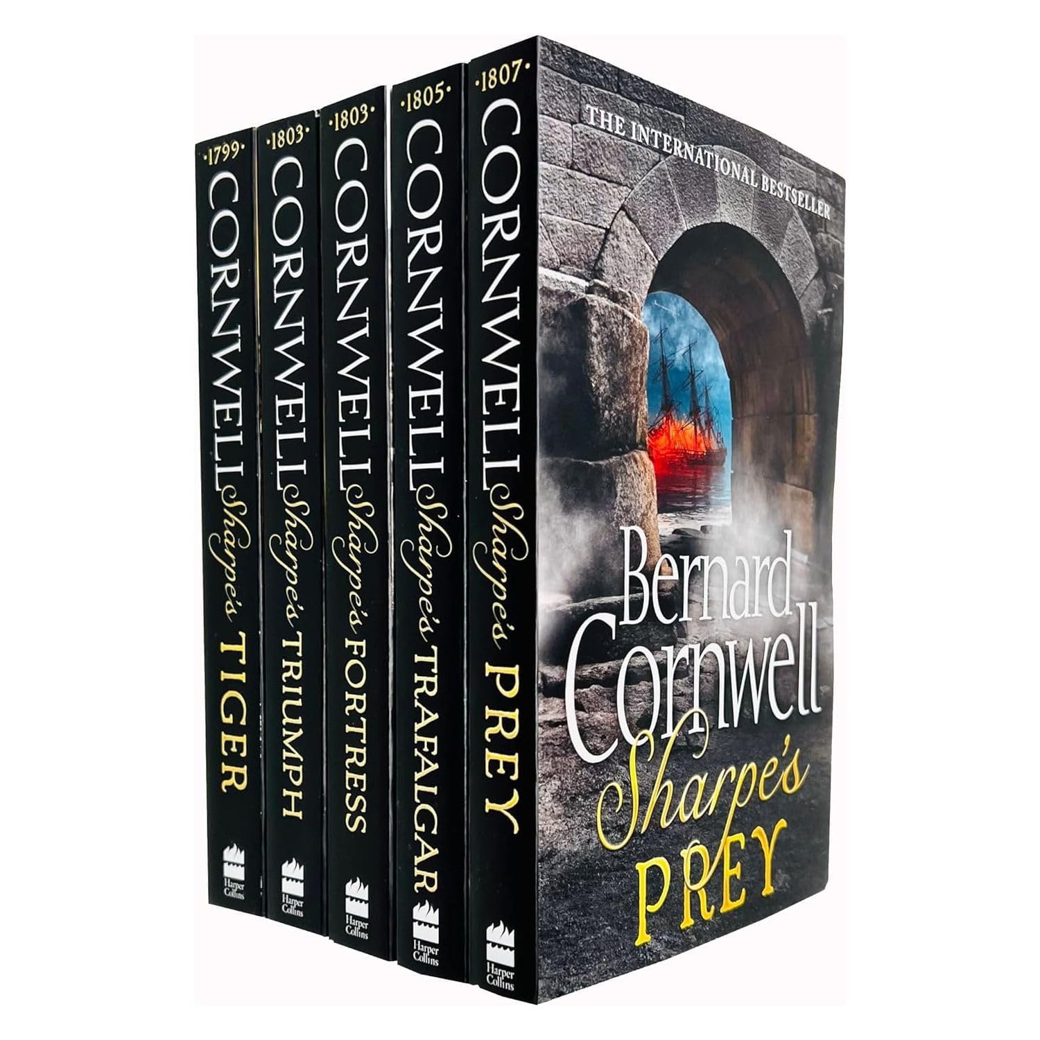Full 10-book Richard Sharpe paperback set by Bernard Cornwell fanned out showing all titles