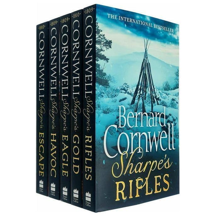Close-up of Richard Sharpe paperback book spines and back cover Napoleonic war fiction set