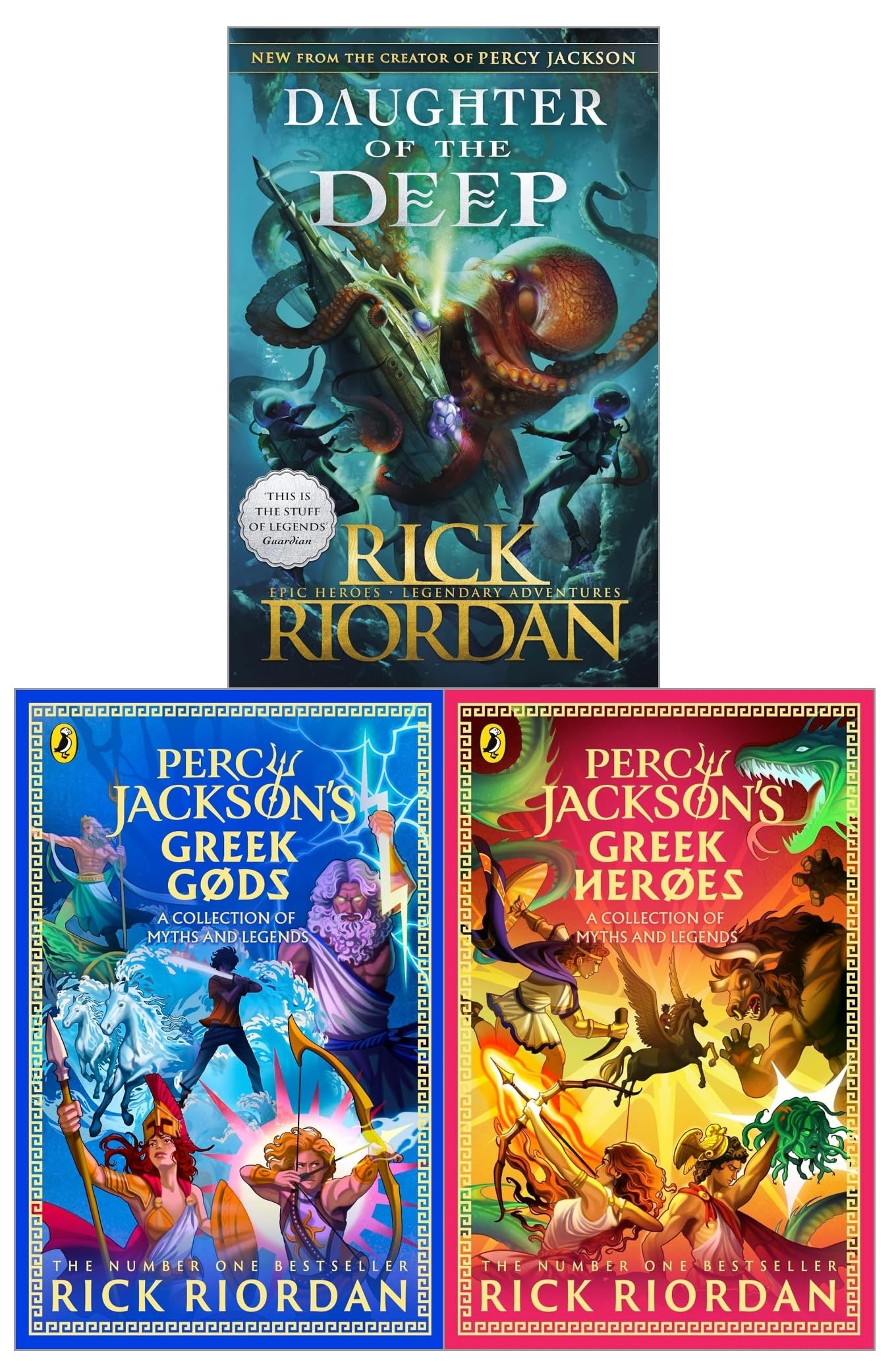 Rick Riordan 3 Books Collection Set paperback - Percy Jackson's Greek Gods, Percy Jackson's Greek Heroes, and Daughter of the Deep front covers