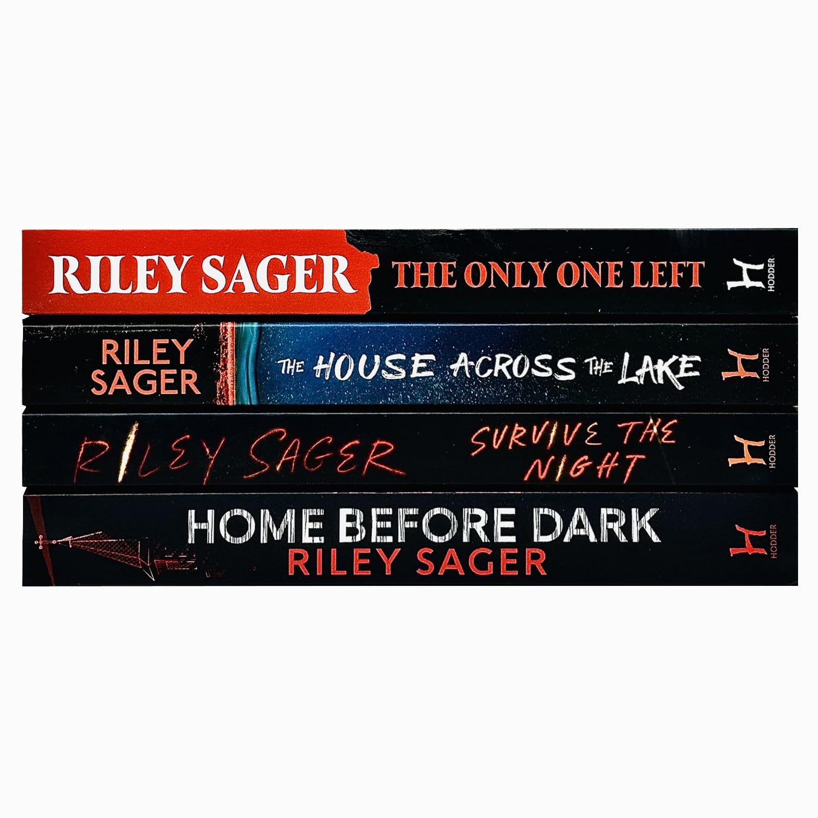 Angled stack view of all four Riley Sager paperback thrillers published by Hodder & Stoughton, showing spine and cover details.