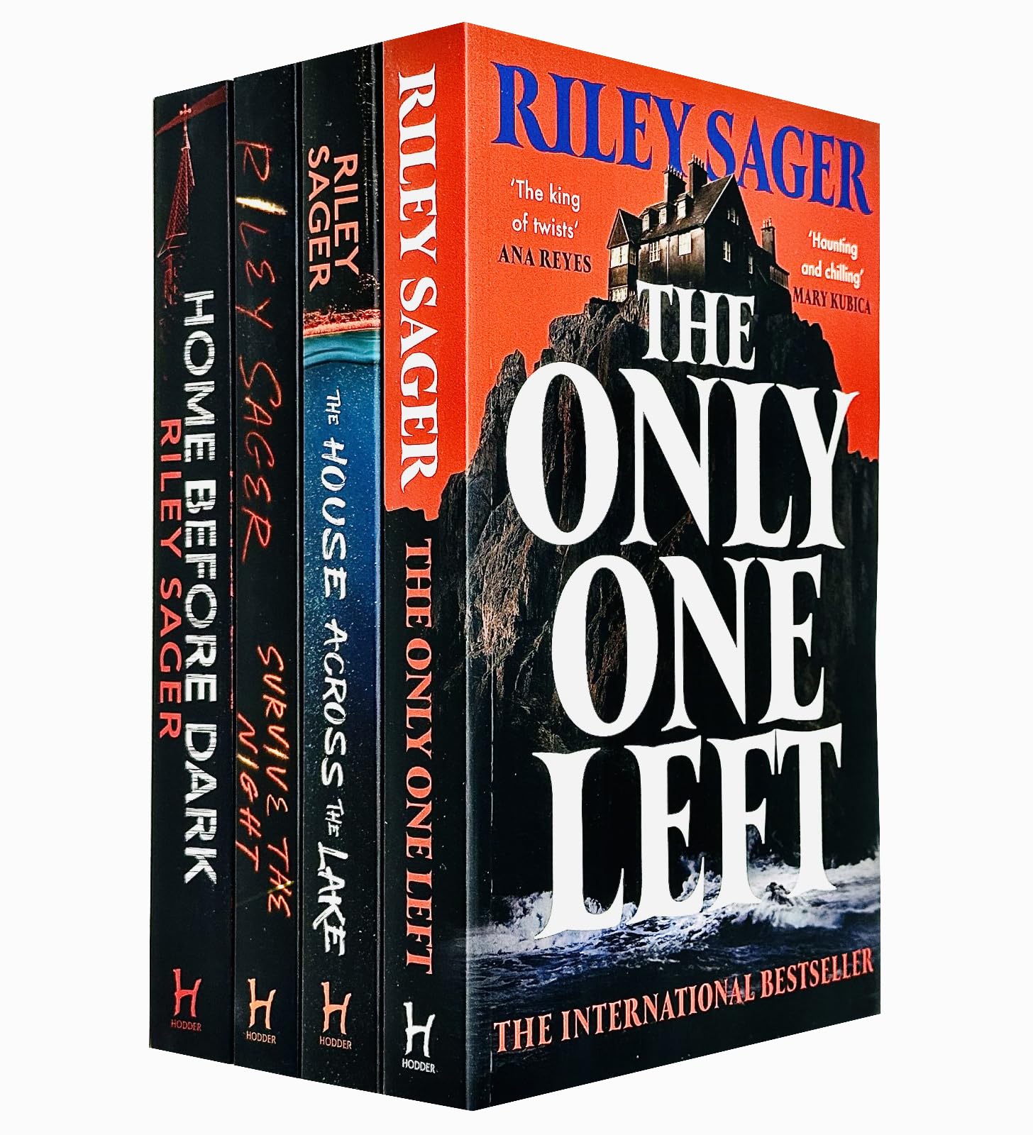 Front cover view of the Riley Sager Collection 4-book paperback set featuring Home Before Dark, Survive the Night, The House Across the Lake, and The Only One Left.