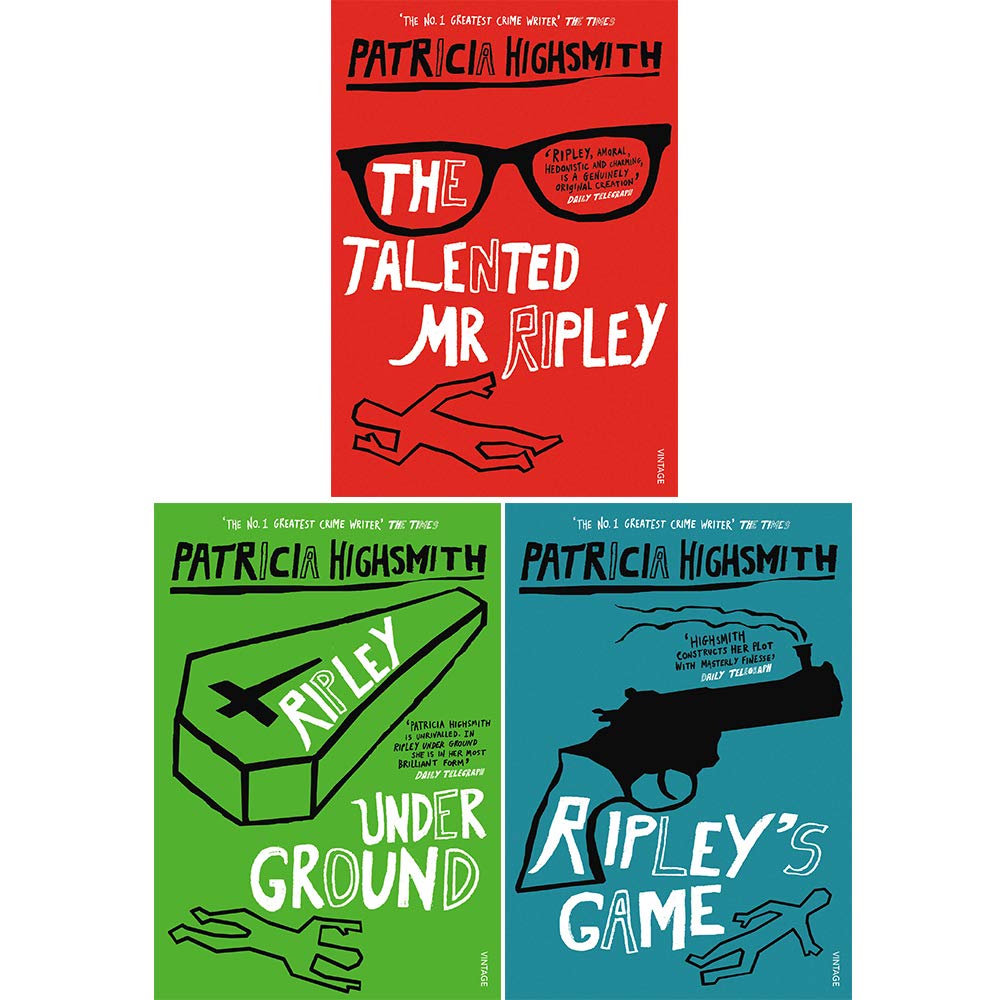 Ripley Series by Patricia Highsmith 3 book paperback set front cover featuring The Talented Mr. Ripley, Ripley Under Ground, and Ripley's Game