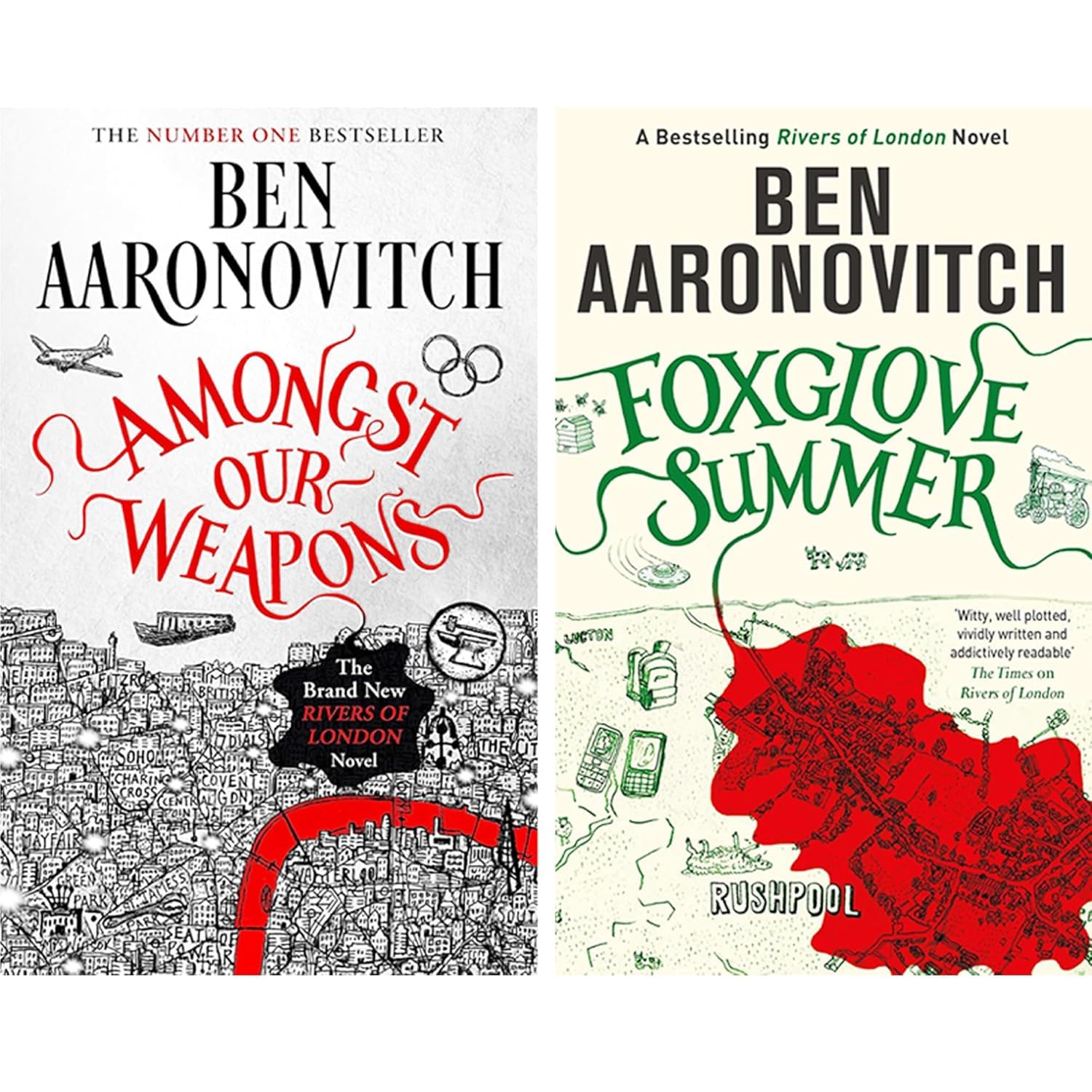 Rivers of London series paperback covers - close-up of Moon Over Soho and Whispers Underground titles