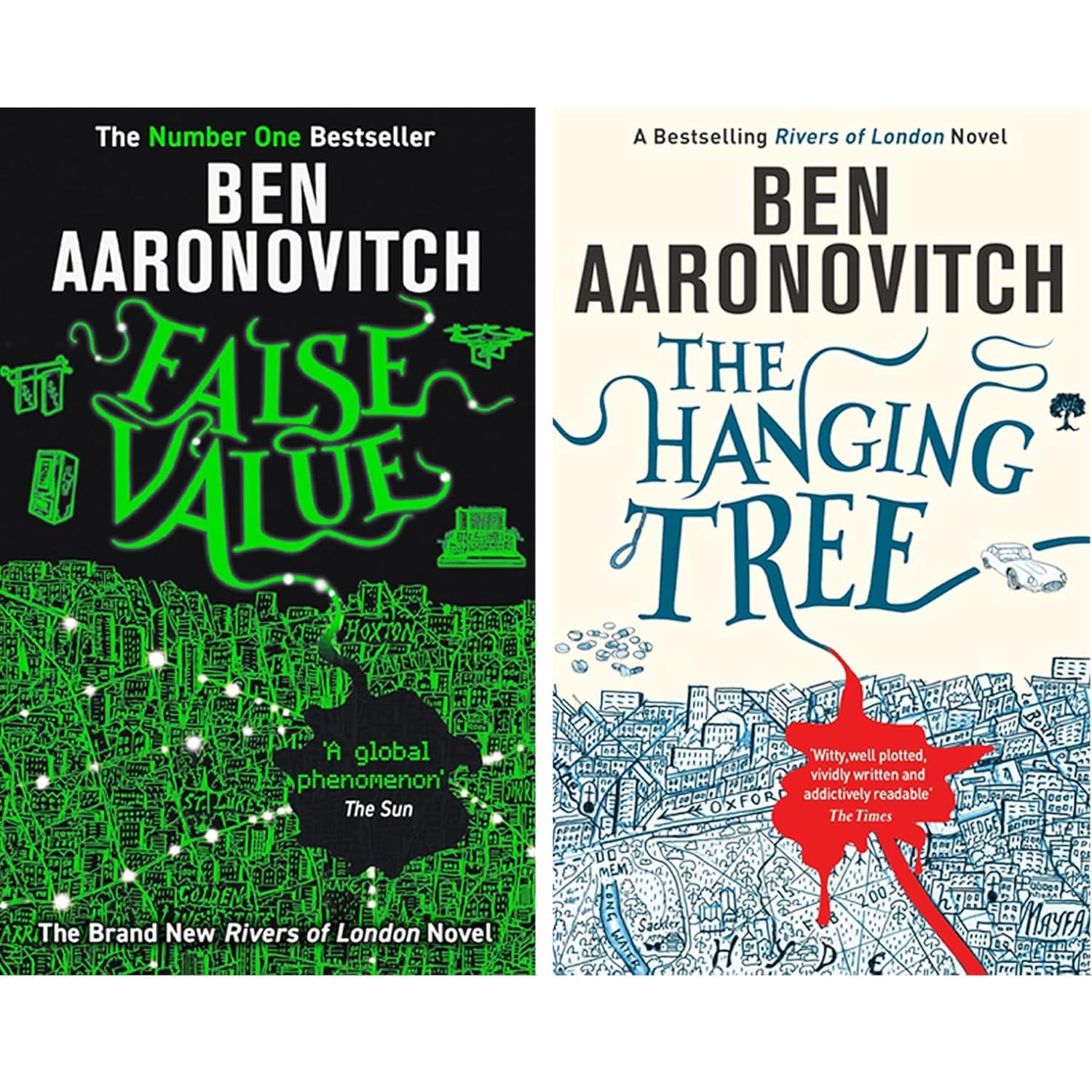 Rivers of London series paperback covers - close-up of The Hanging Tree and Lies Sleeping titles