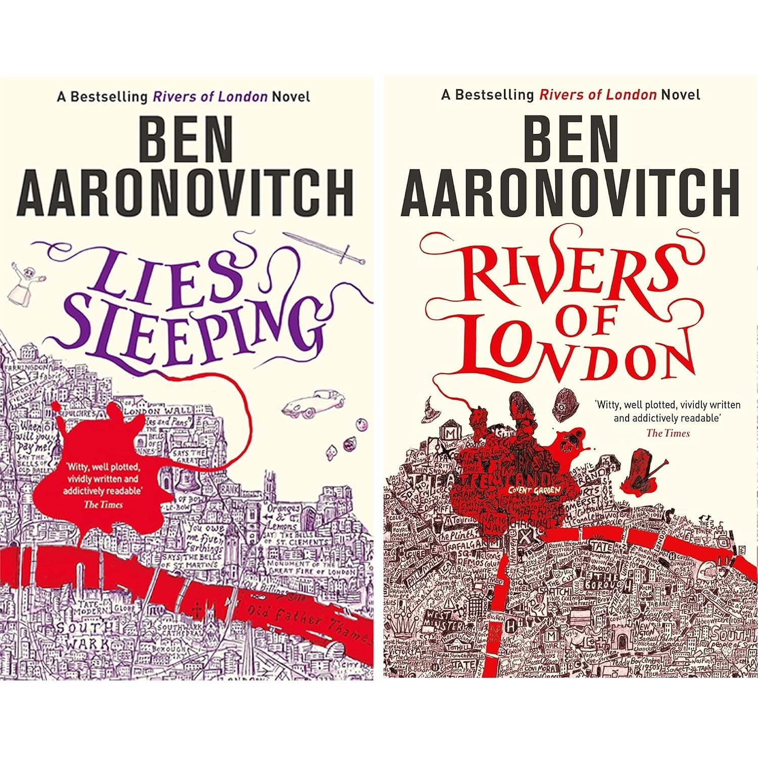 Rivers of London series paperback covers - close-up of False Value and Amongst Our Weapons titles