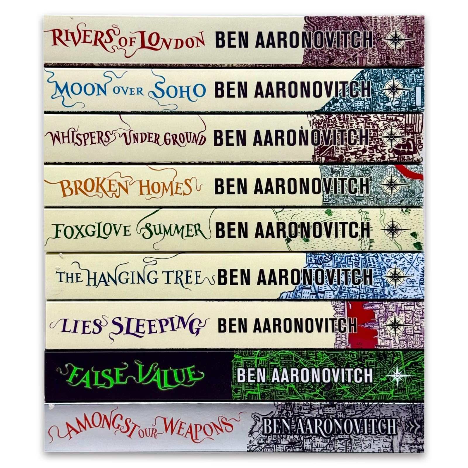 Close-up of Rivers of London and Moon Over Soho paperback front covers by Ben Aaronovitch