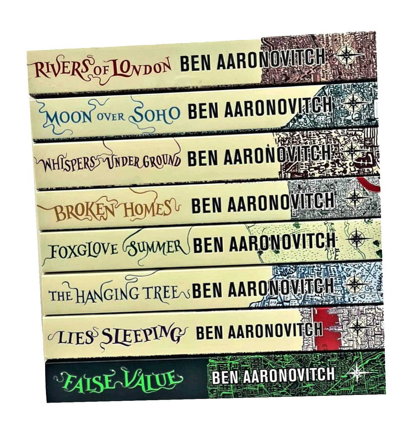 Rivers of London series paperback set showing all eight book spines fanned out together
