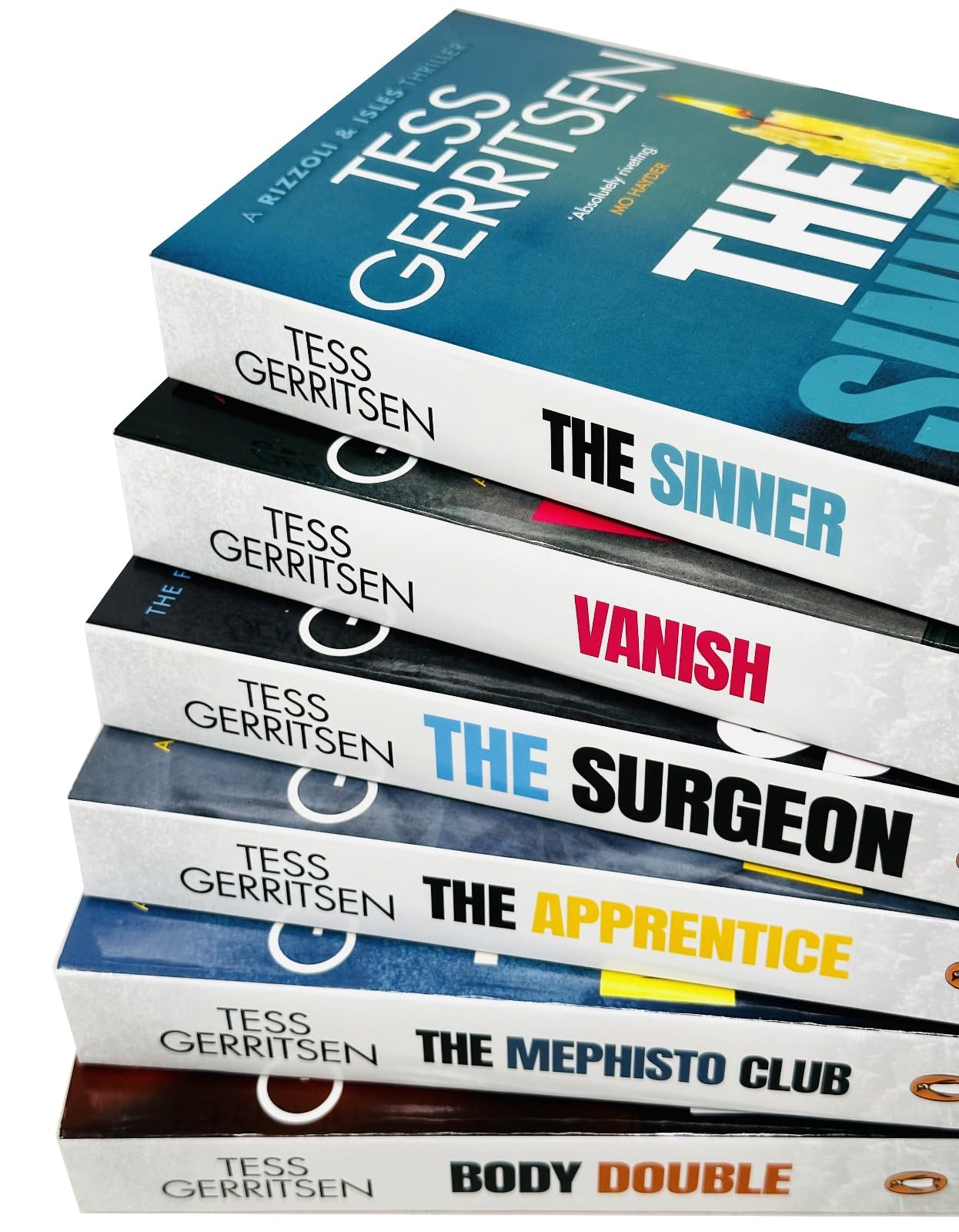 All six Tess Gerritsen Rizzoli & Isles paperback novels fanned out showing spines and covers